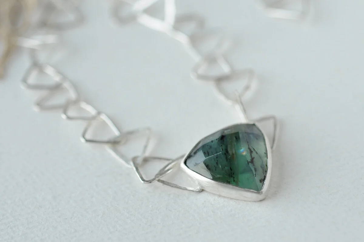 Peruvian Blue Opal necklace on silver triangle chain