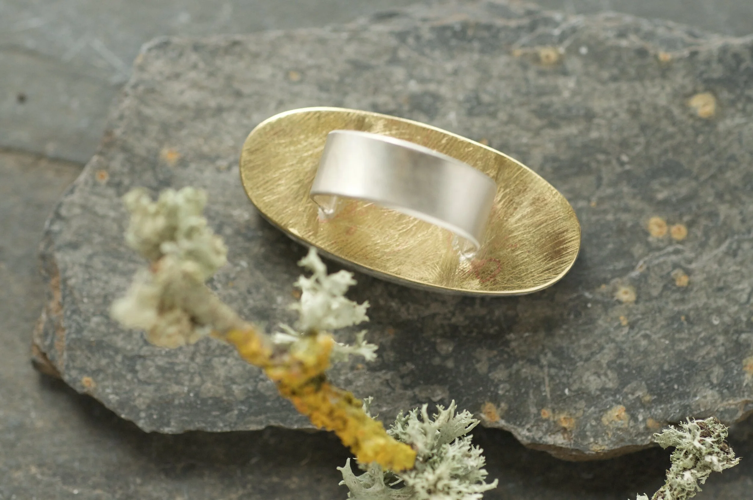 Bumblebee jasper statement ring showing brass back