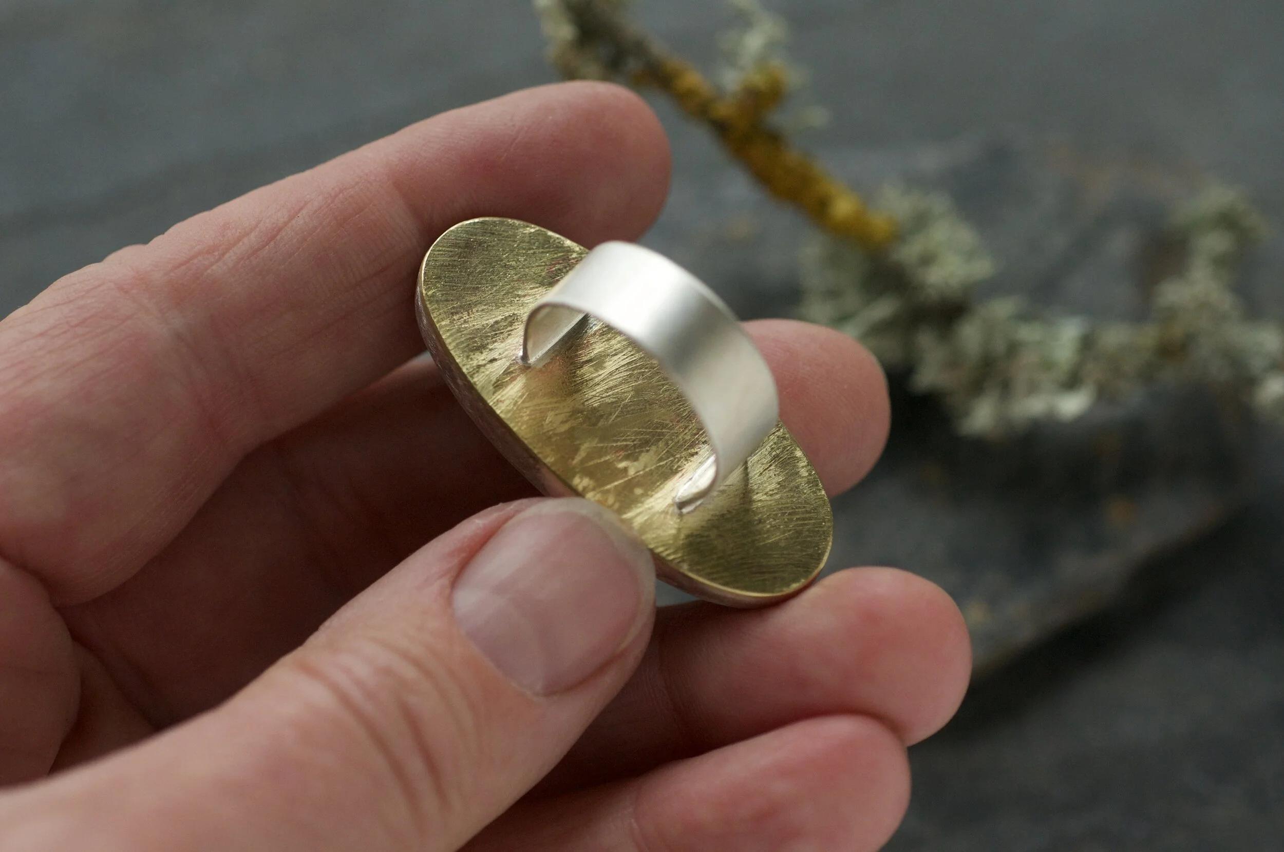 Bumblebee jasper statement ring with silver shank