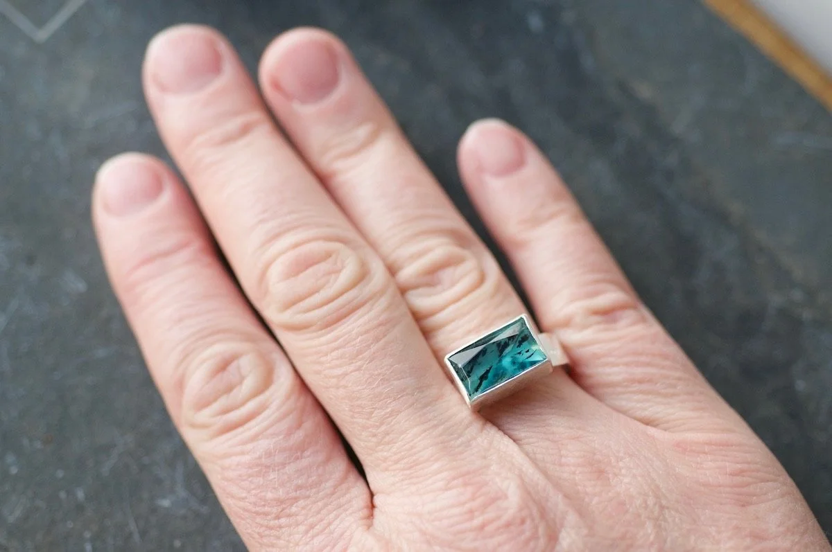Rectangular Peruvian Blue Opal rock pool ring