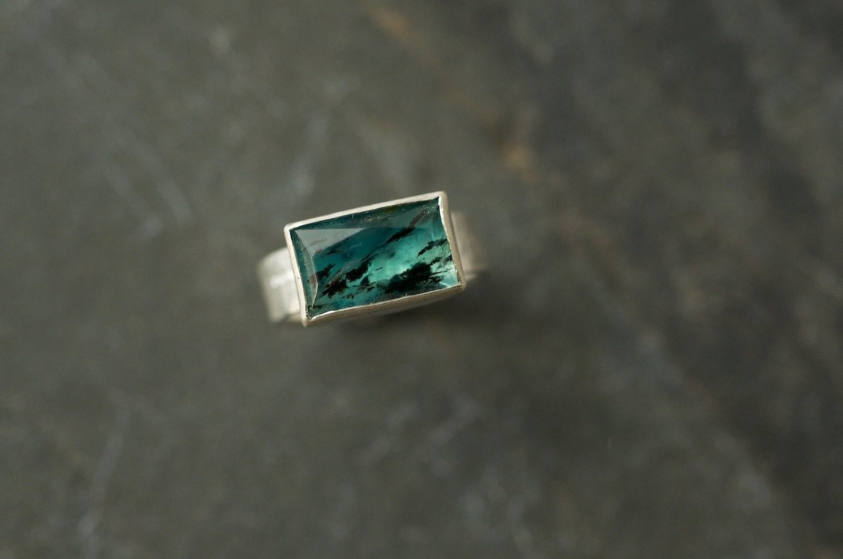 Rectangular Peruvian Blue Opal rock pool ring