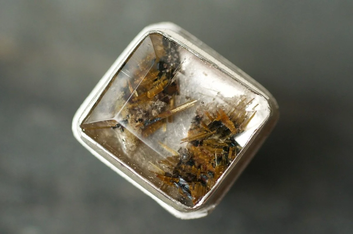Square gold rutile quartz ring