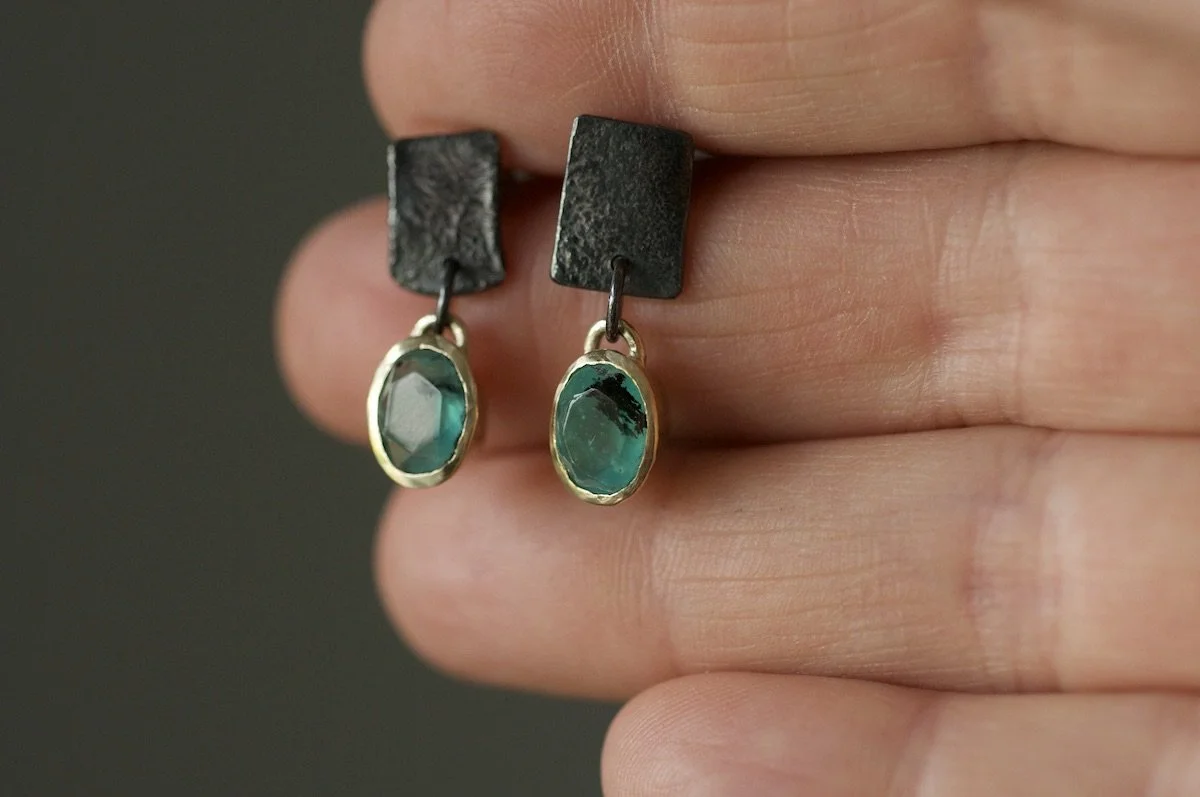 Contemporary Paraiba opal earrings in my hands
