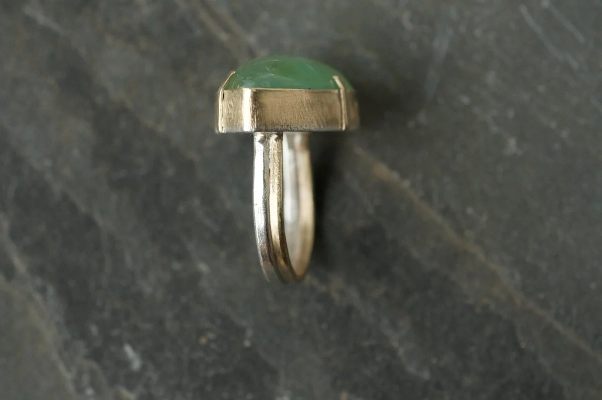 Gold set Peruvian blue opal ring with gold and silver shank