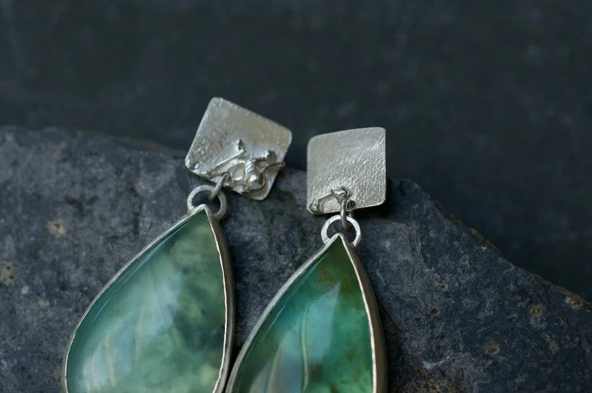 Statement Peruvian blue opal earrings showing detail of studs