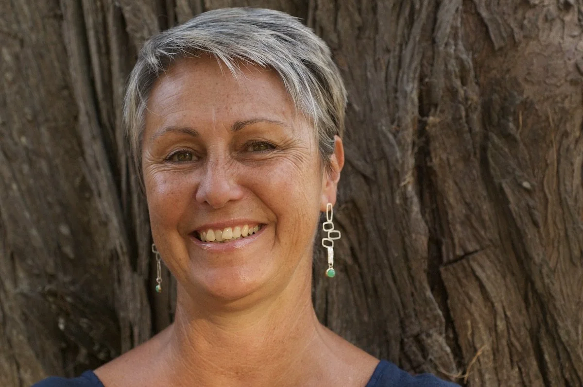 model wearing silver standing stone earrings