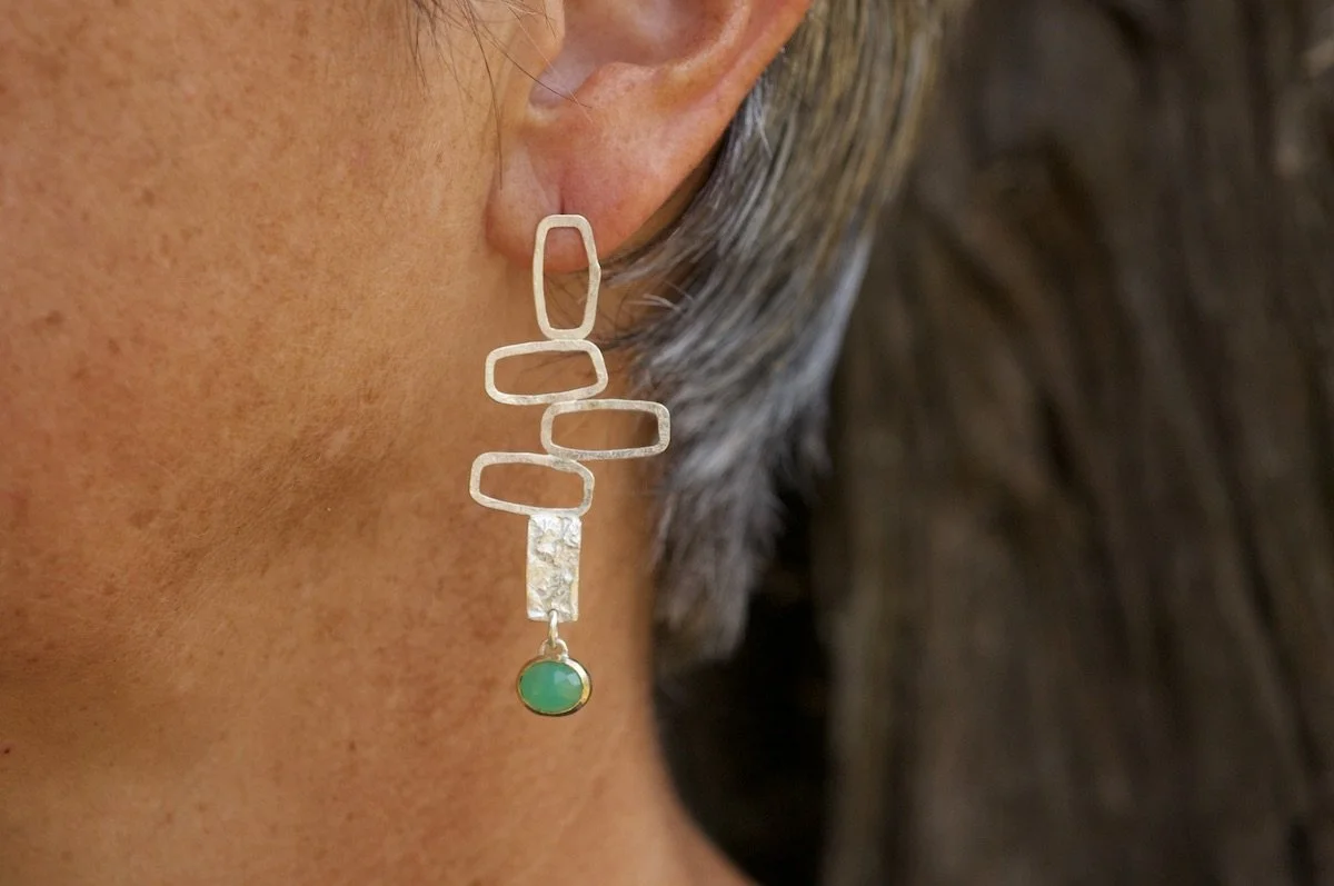 Standing stone earrings with chrysoprase drops on model