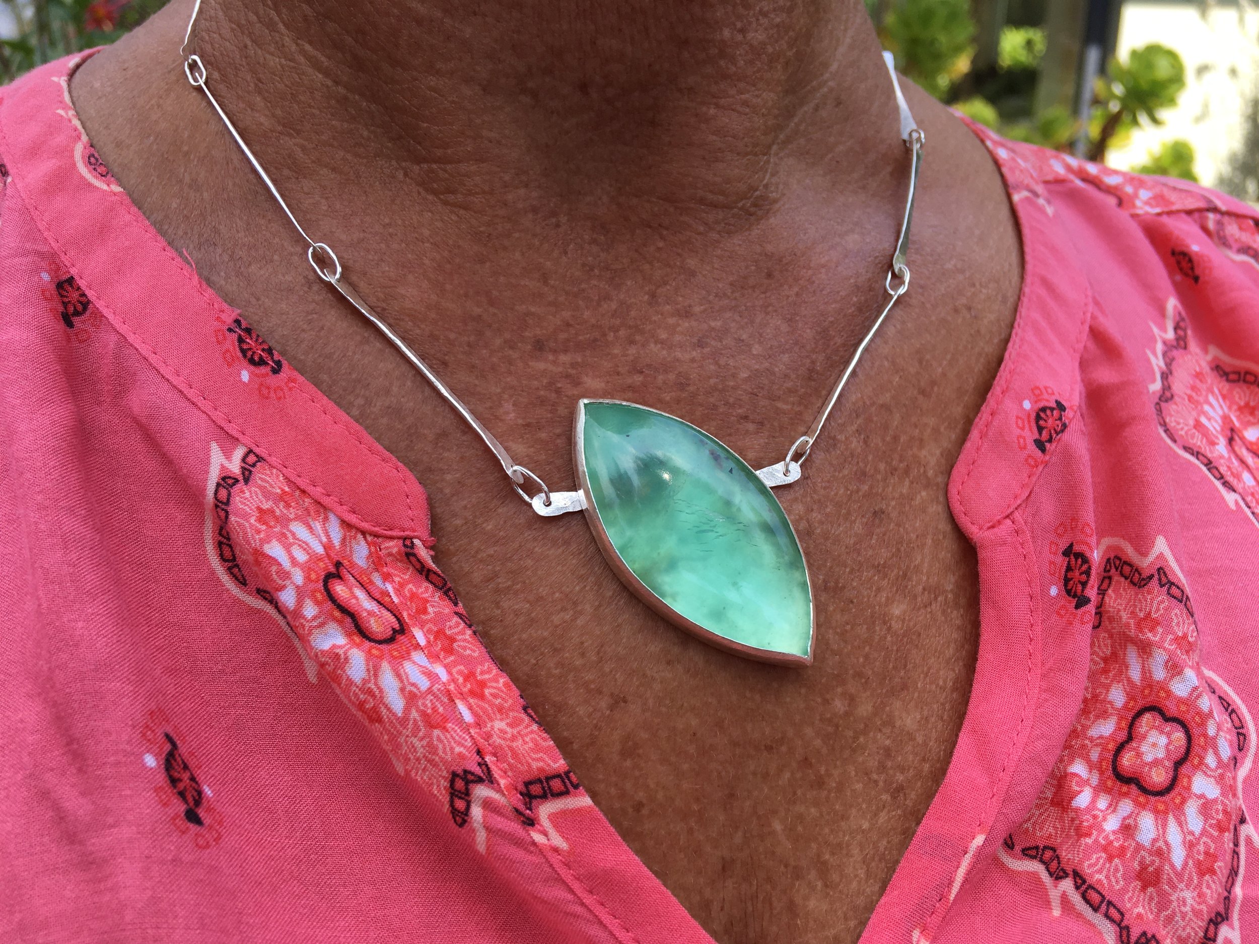 Marquise cabochon Peruvian blue opal on necklace