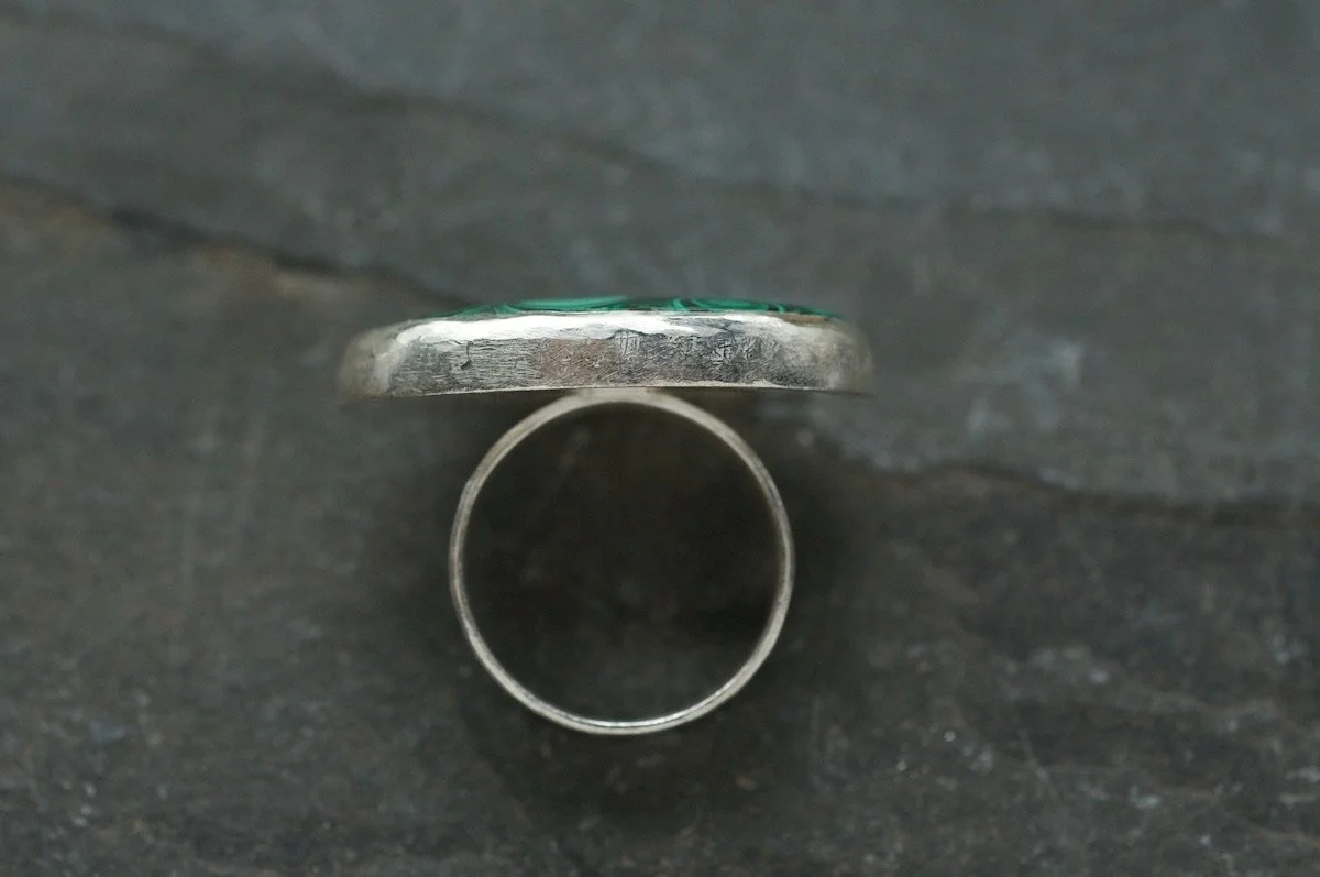Contemporary malachite ring in recycled silver
