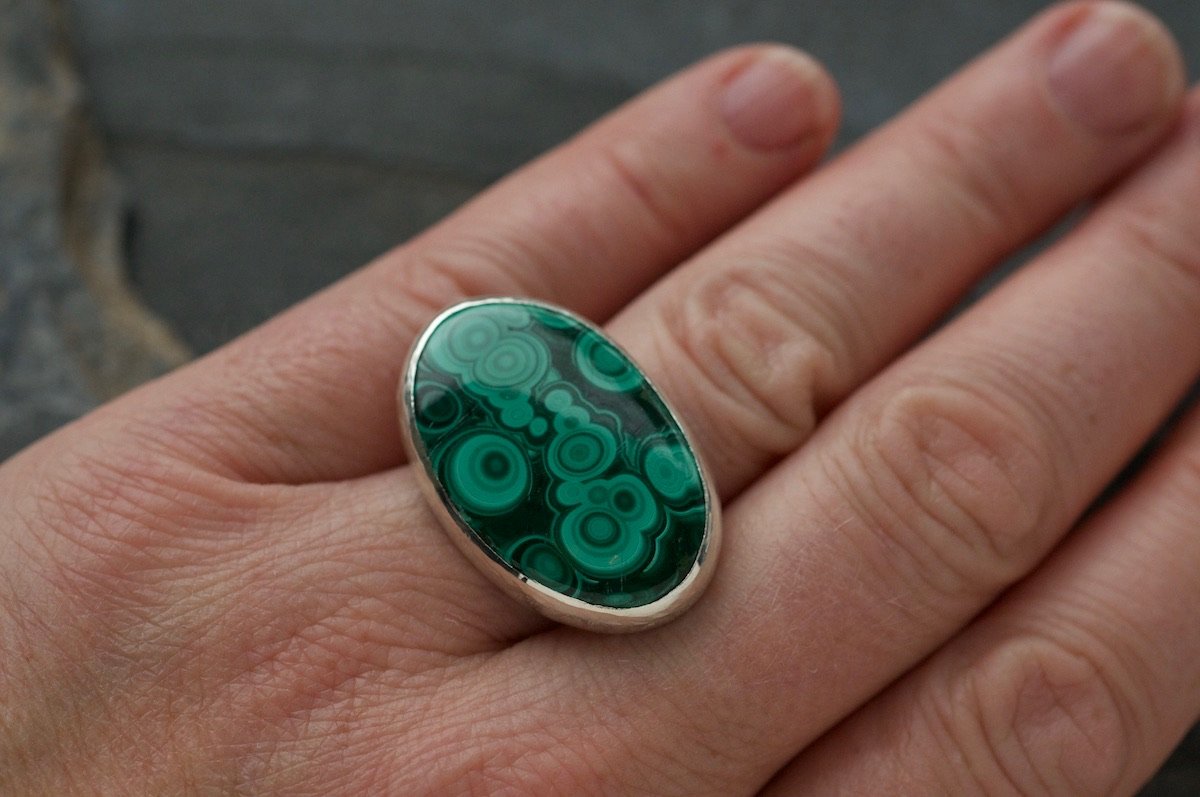 Malachite ring set in recycled silver