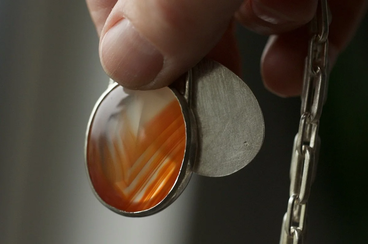Banded Carnelian pendant on chunky silver chain