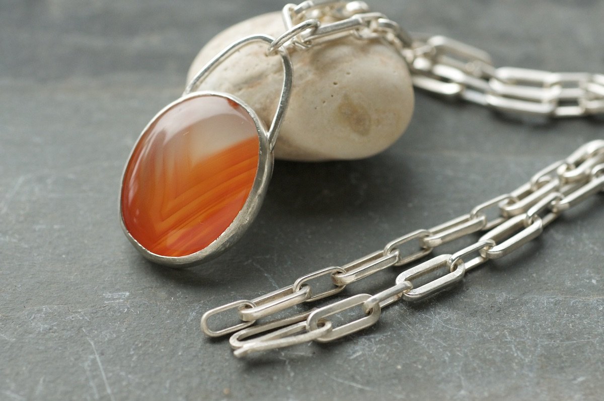 Banded Carnelian pendant on chunky silver chain