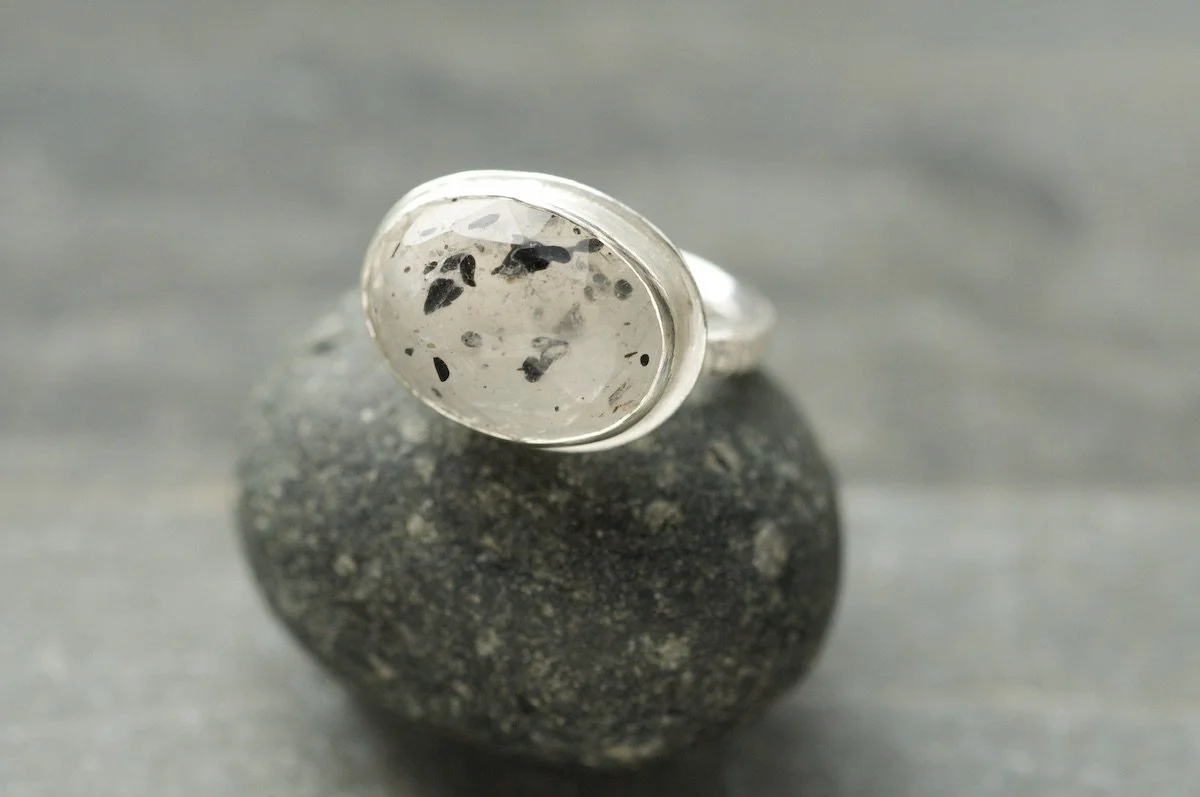 Statement quartz ring with etched moth species