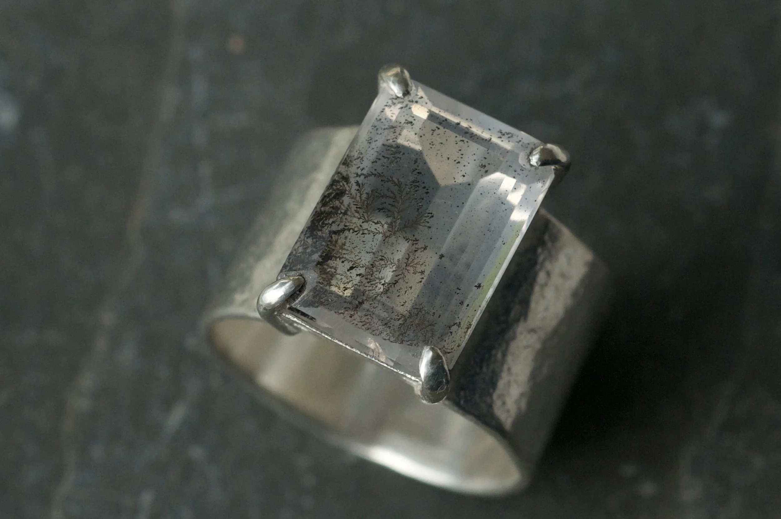 Chunky silver ring with emerald cut dendritic quartz