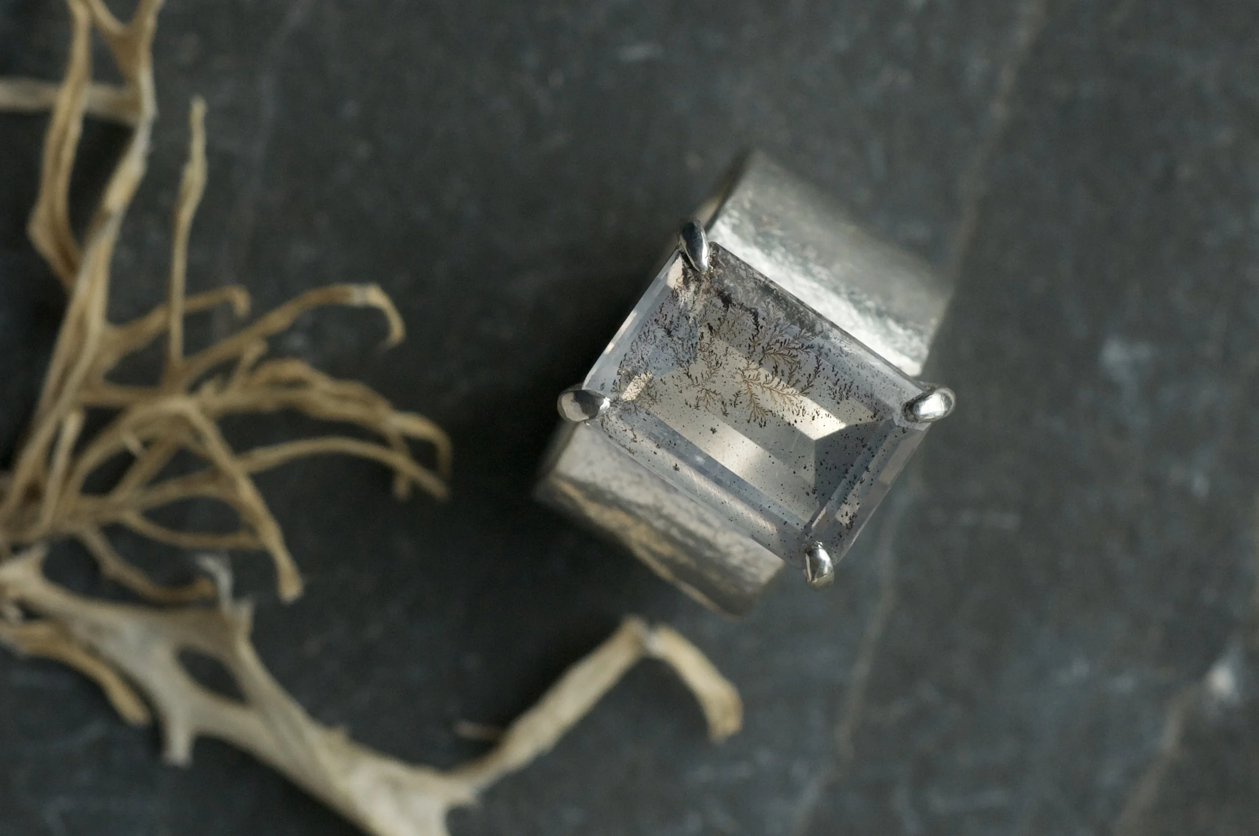 Chunky silver ring with emerald cut dendritic quartz