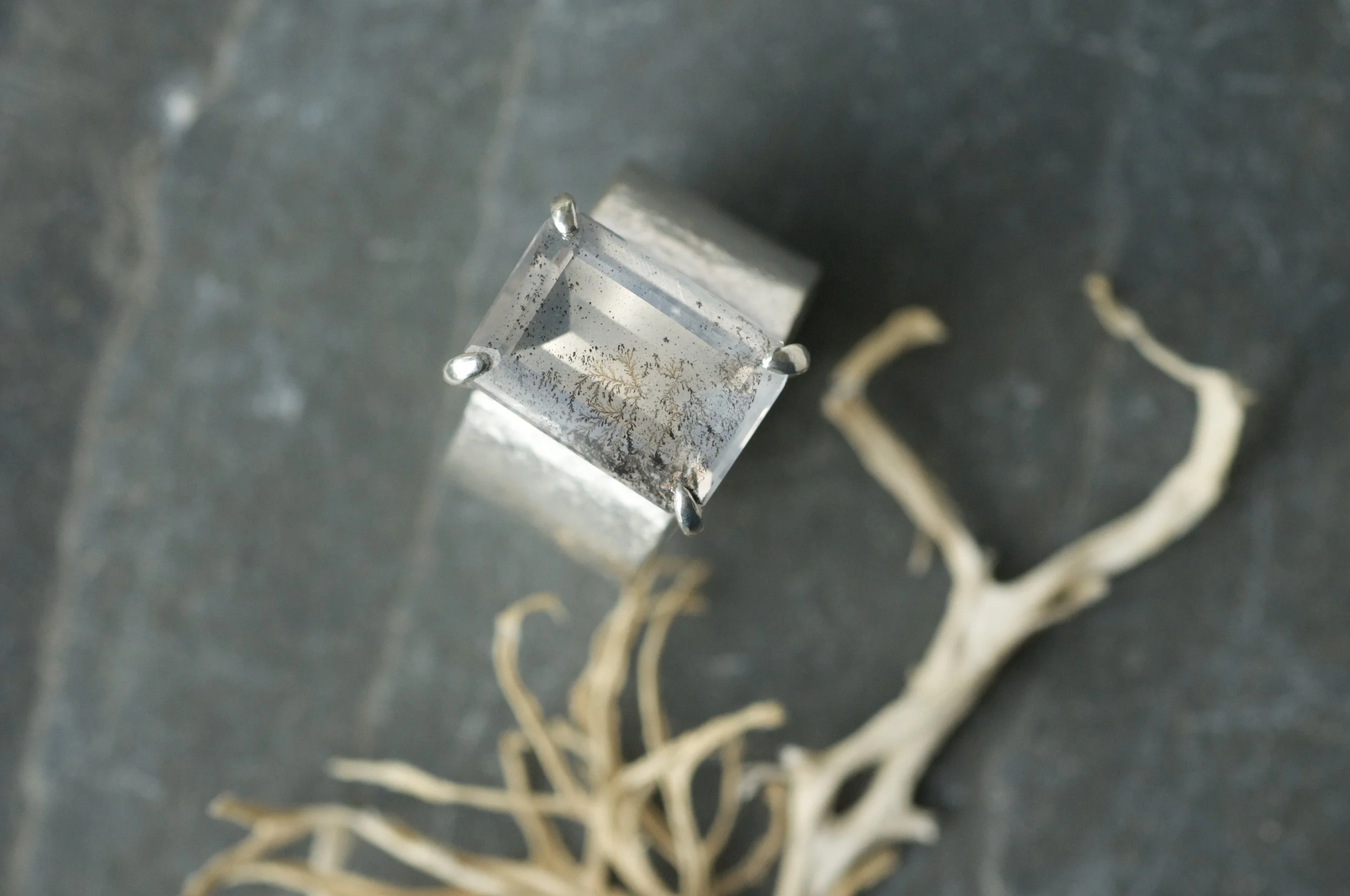 Emerald cut Dendritic quartz and silver ring.jpeg