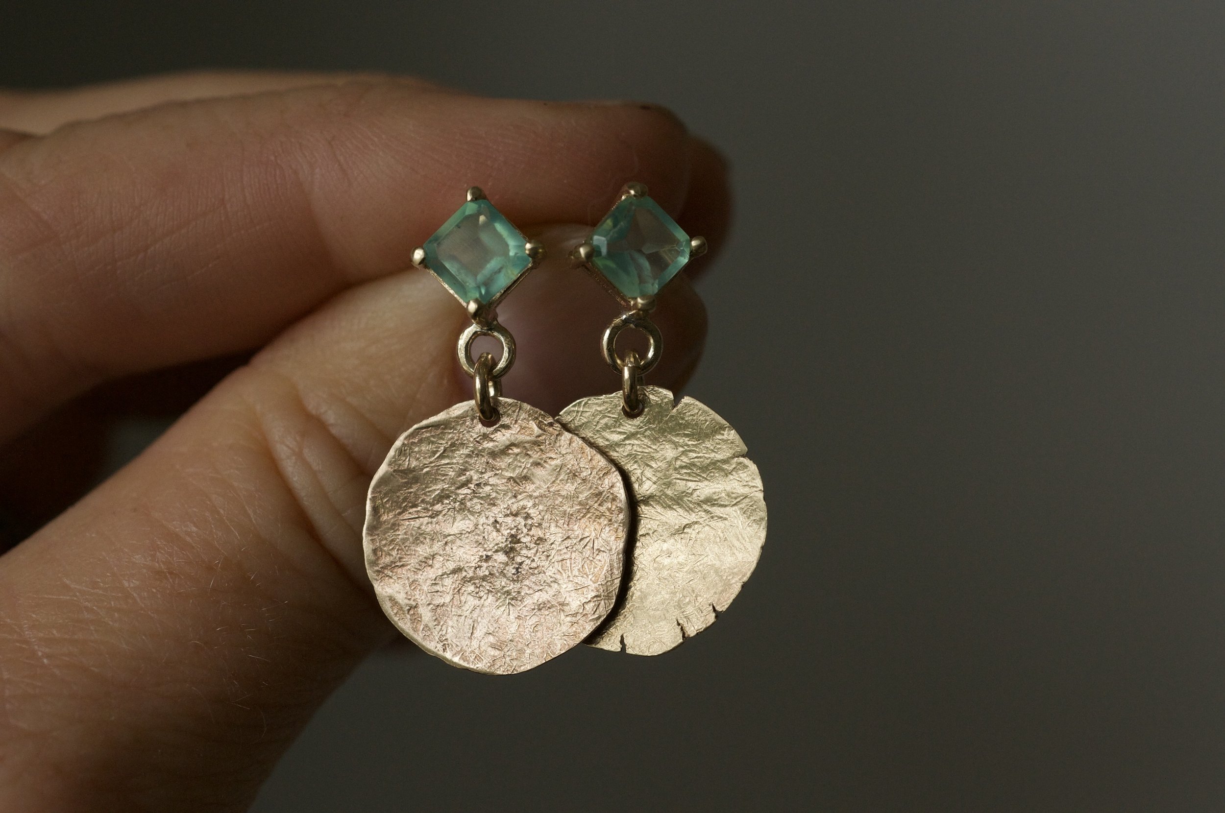 Peruvian Blue Opal and gold earrings with disc drops 4.jpeg