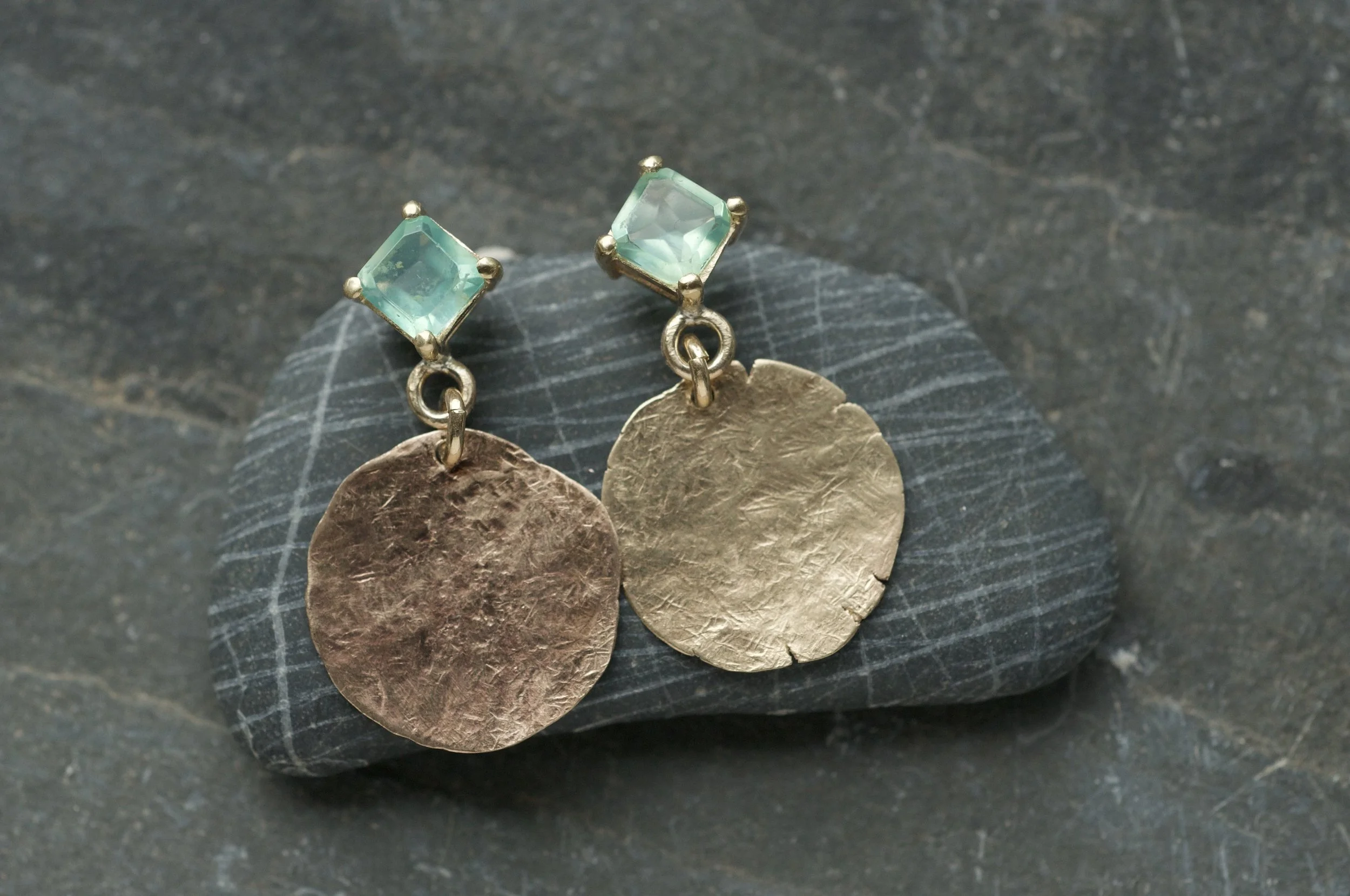 Peruvian Blue Opal and gold earrings with disc drops.jpeg