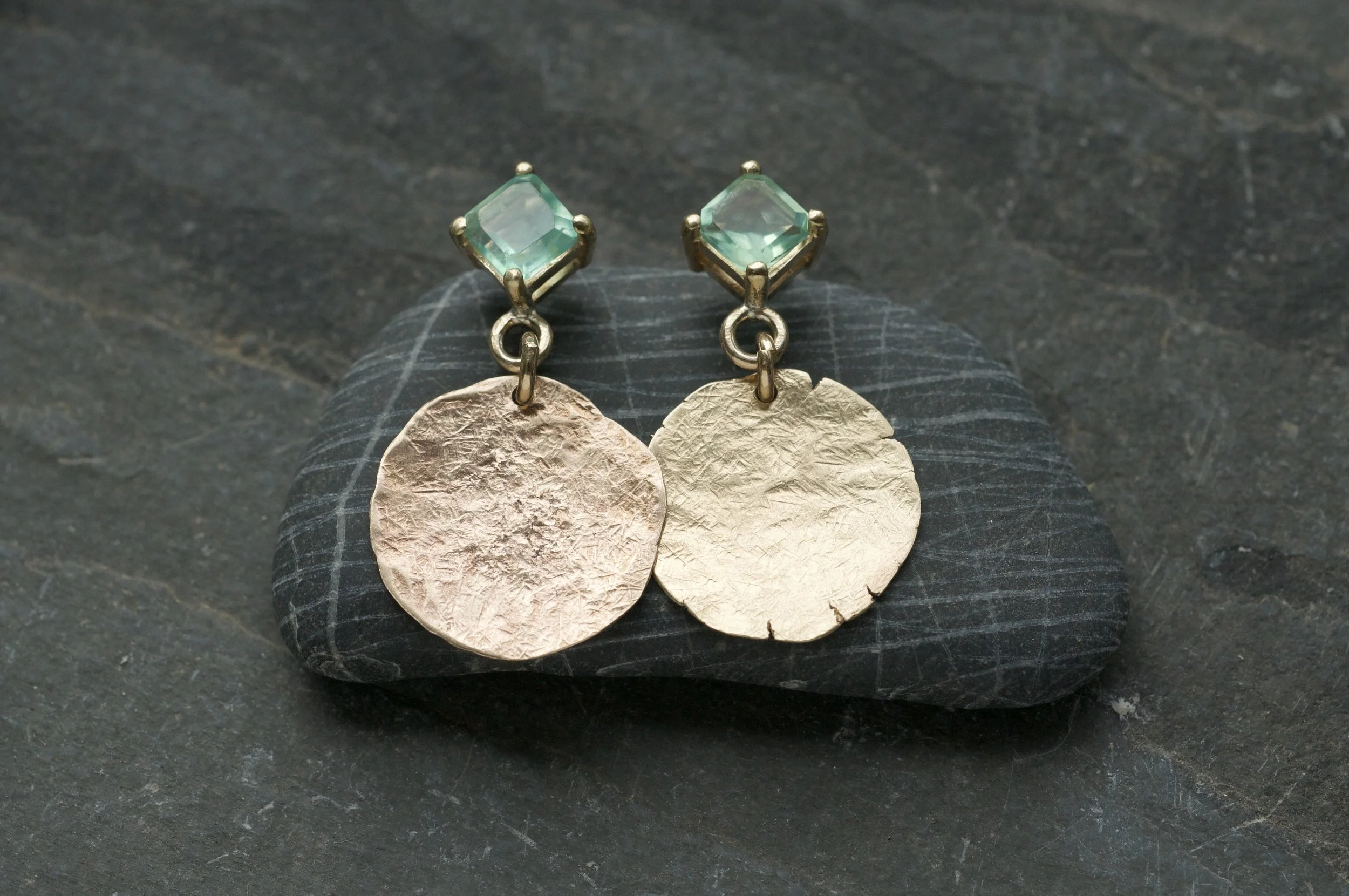 Peruvian Blue Opal and gold earrings with disc drops 2.jpeg