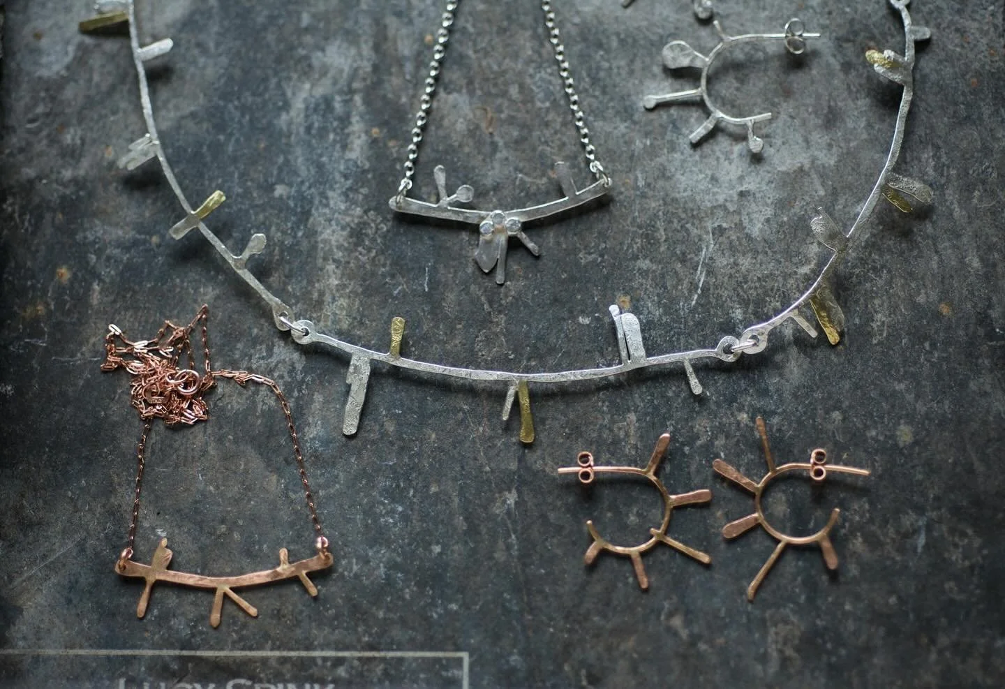This is a little selection of my Lichen inspired collection. One or two of these pieces are going to be phased out including the small bar necklace. I have one in stock and that will be the last one. 

All the upheaval of the metal prices has made me