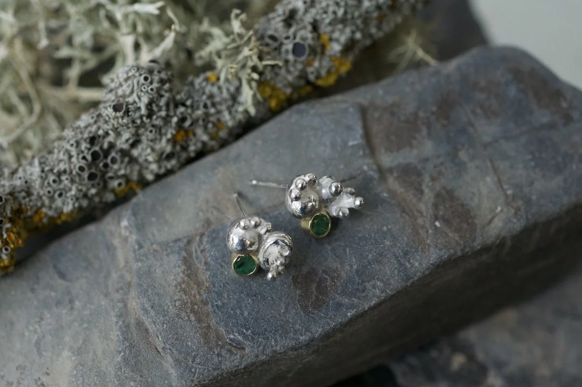 Lichen cluster stud earrings with gold and emerald detail.jpeg 3.jpeg