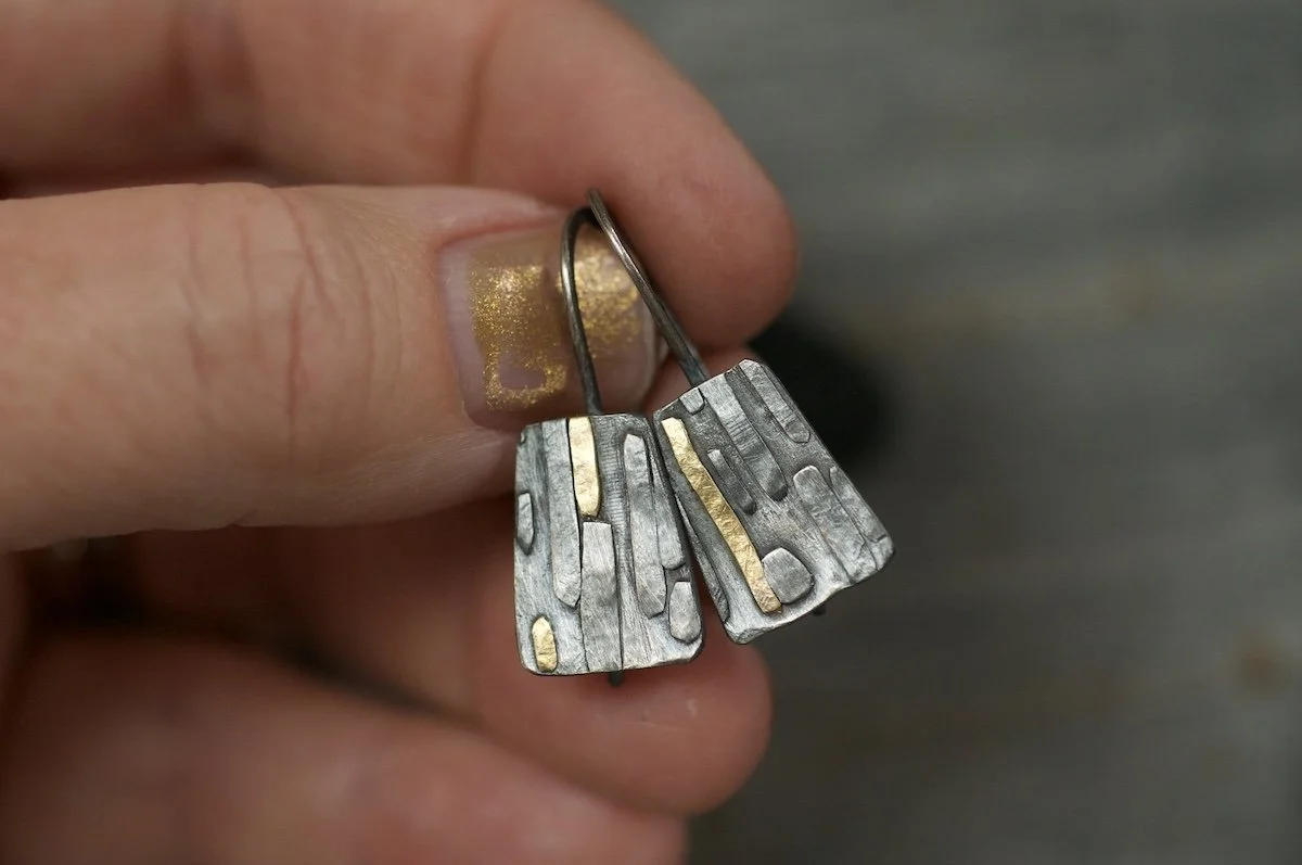 Mylor oxidised silver and gold earrings monolith form 2.jpeg