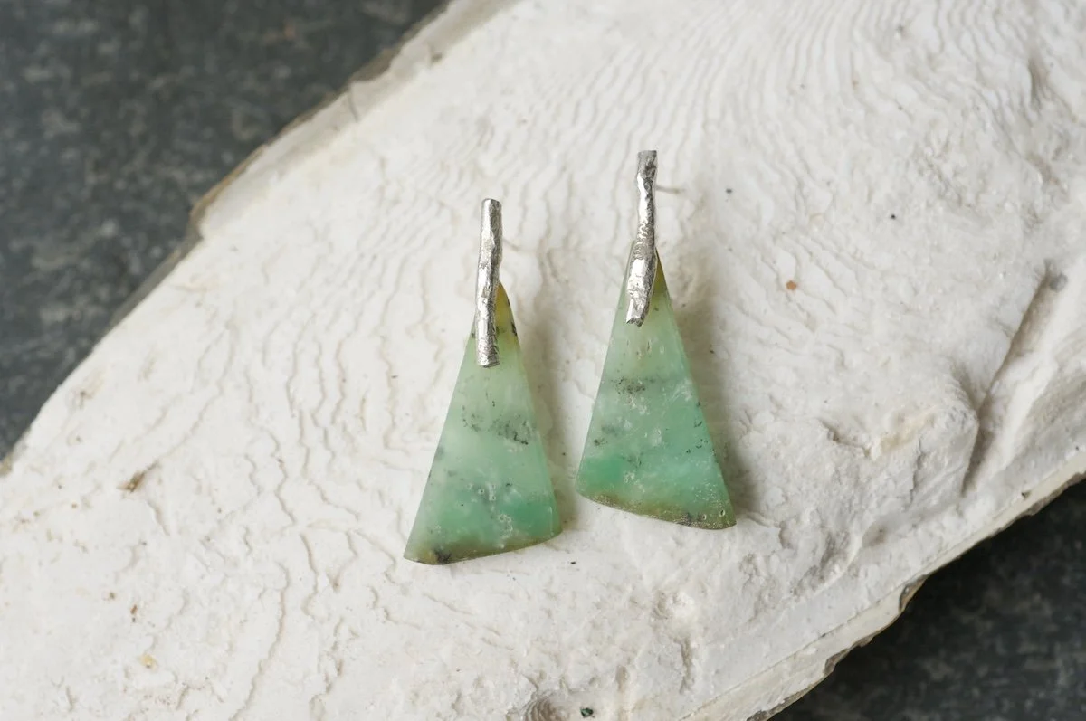Statement earrings with unpolished chrysoprase