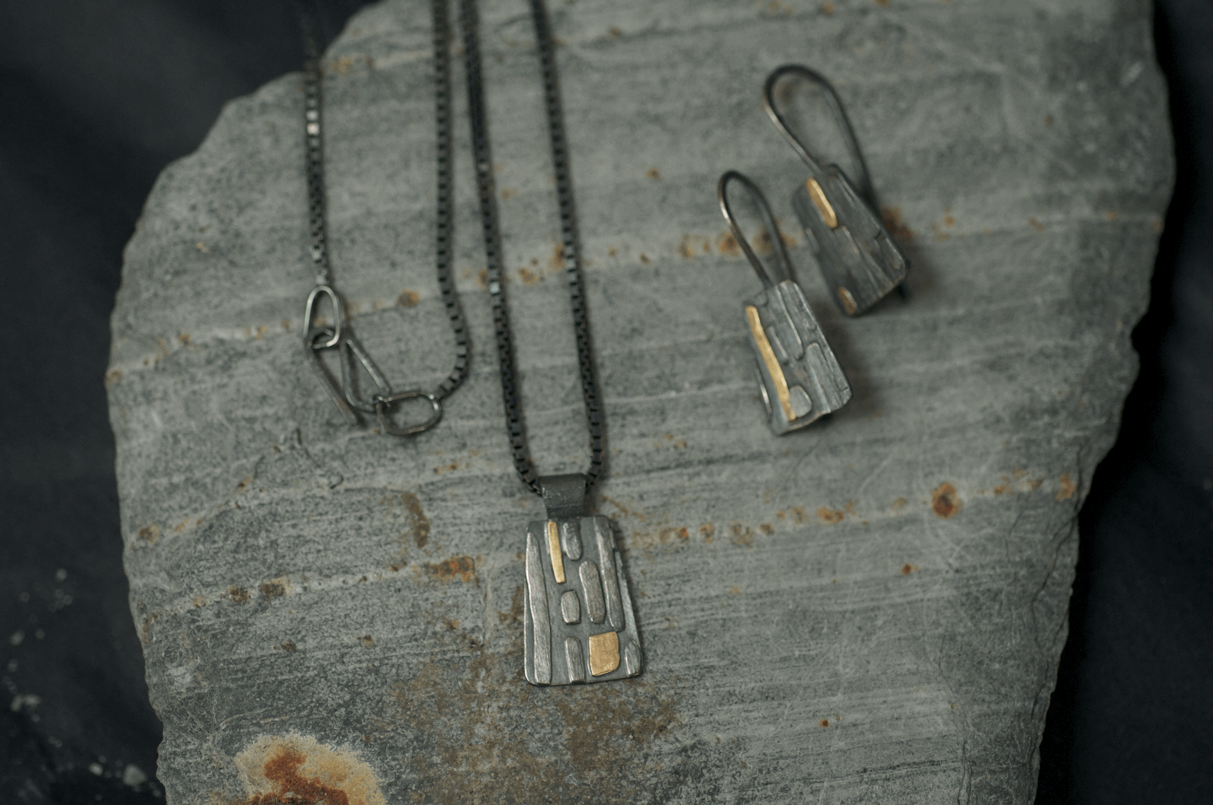 Mylor oxidised silver and gold earrings monolith form