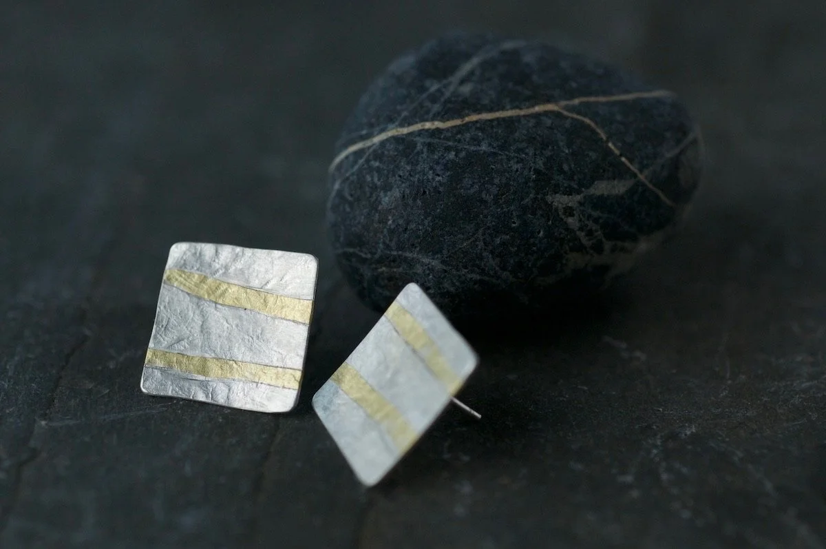 Gold and silver stripe square earrings