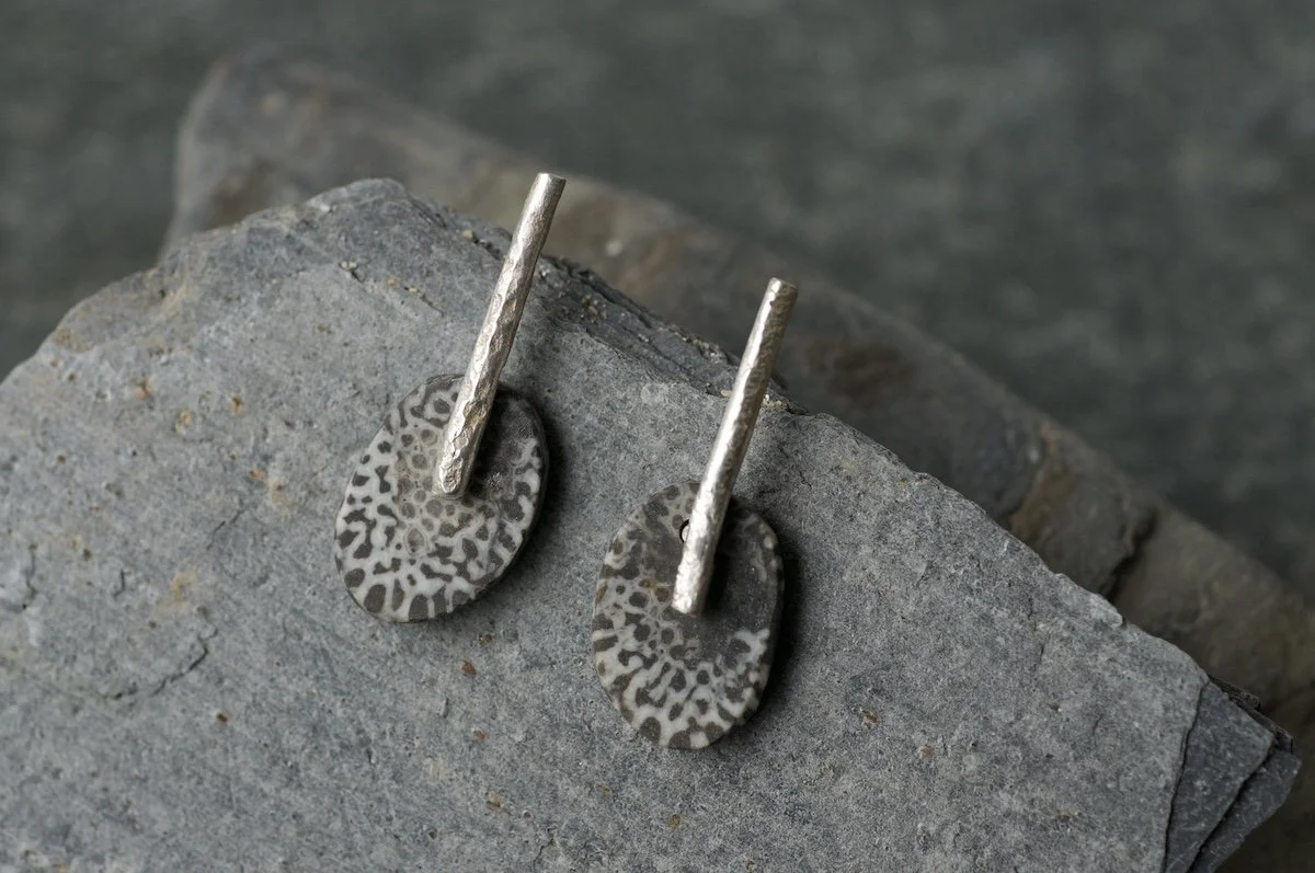 Fossilised coral slices with silver bar earrings