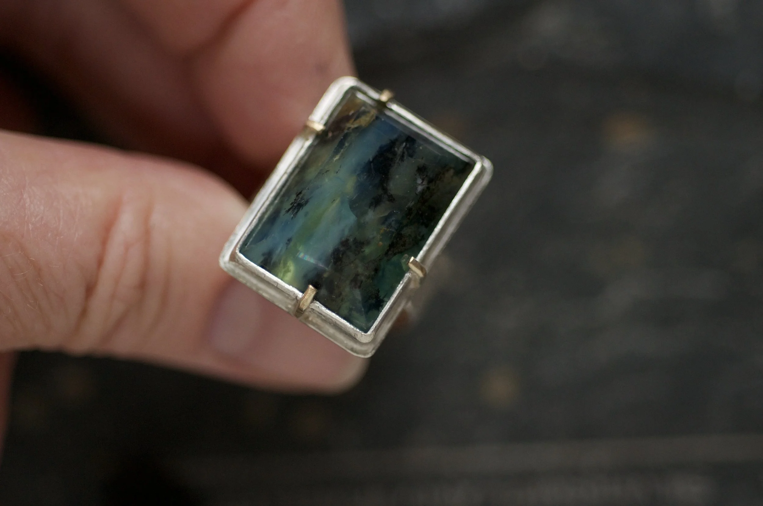 Peruvian Blue opal statement ring with gold claws