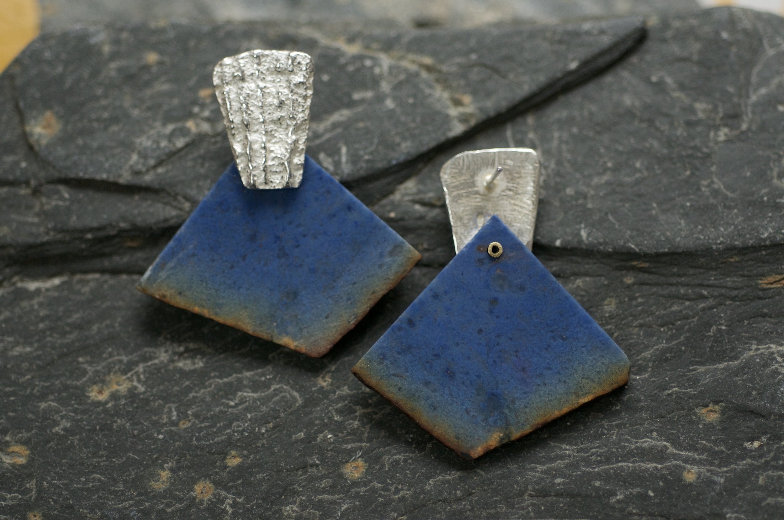 Chunky statement silver and blue earrings