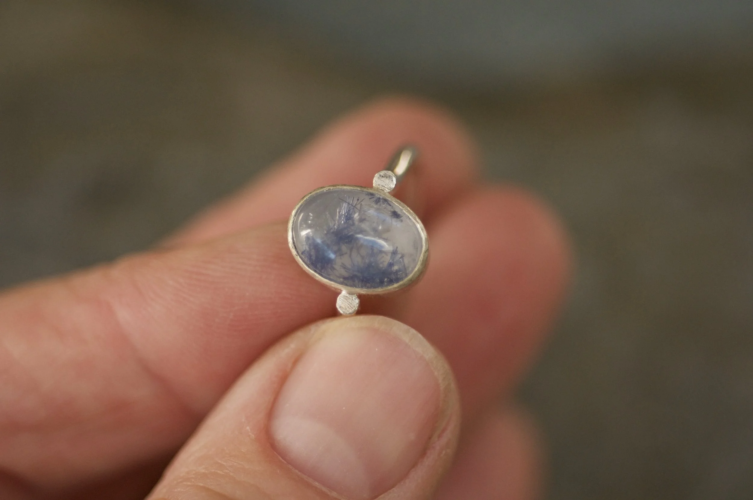 dumortierite in quartz oval cabochon silver ring