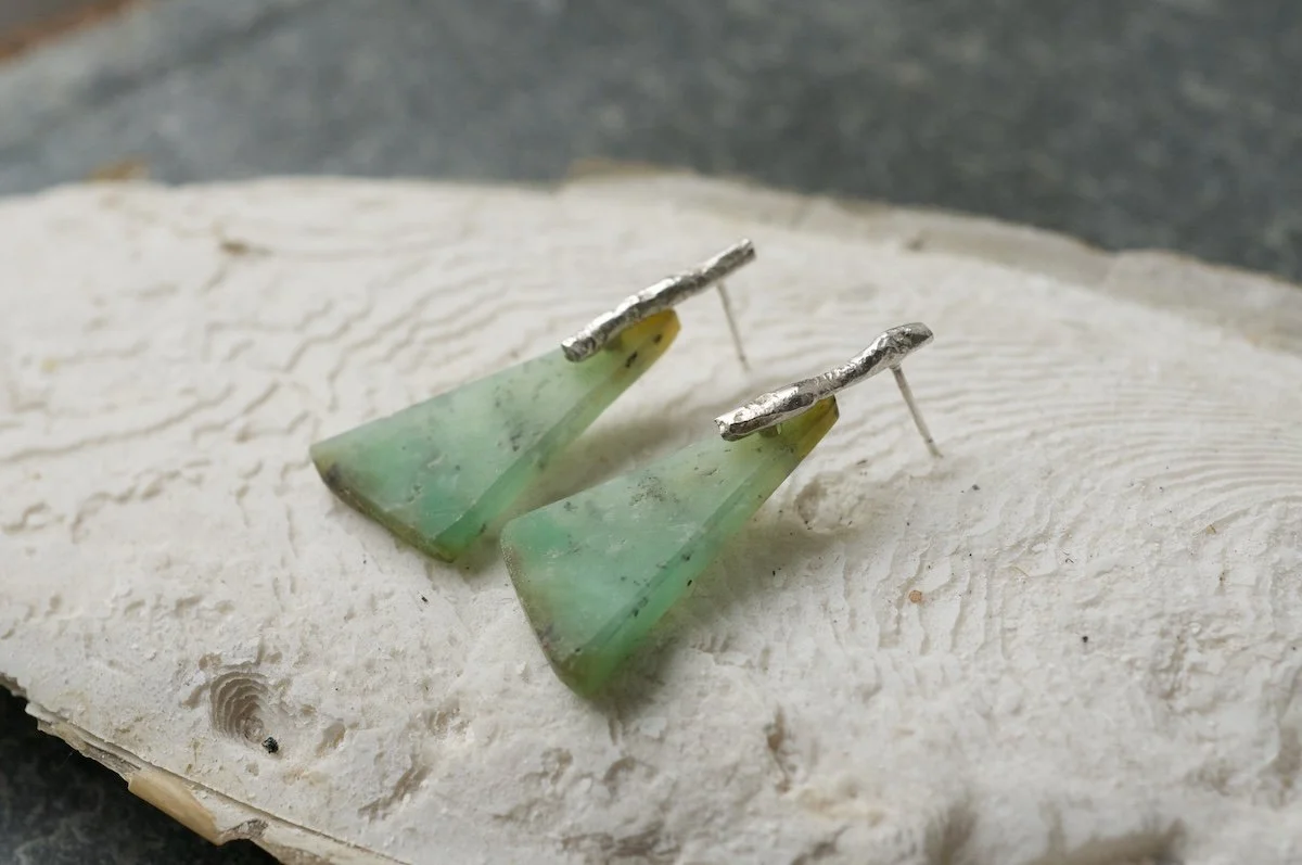 Statement earrings with unpolished chrysoprase