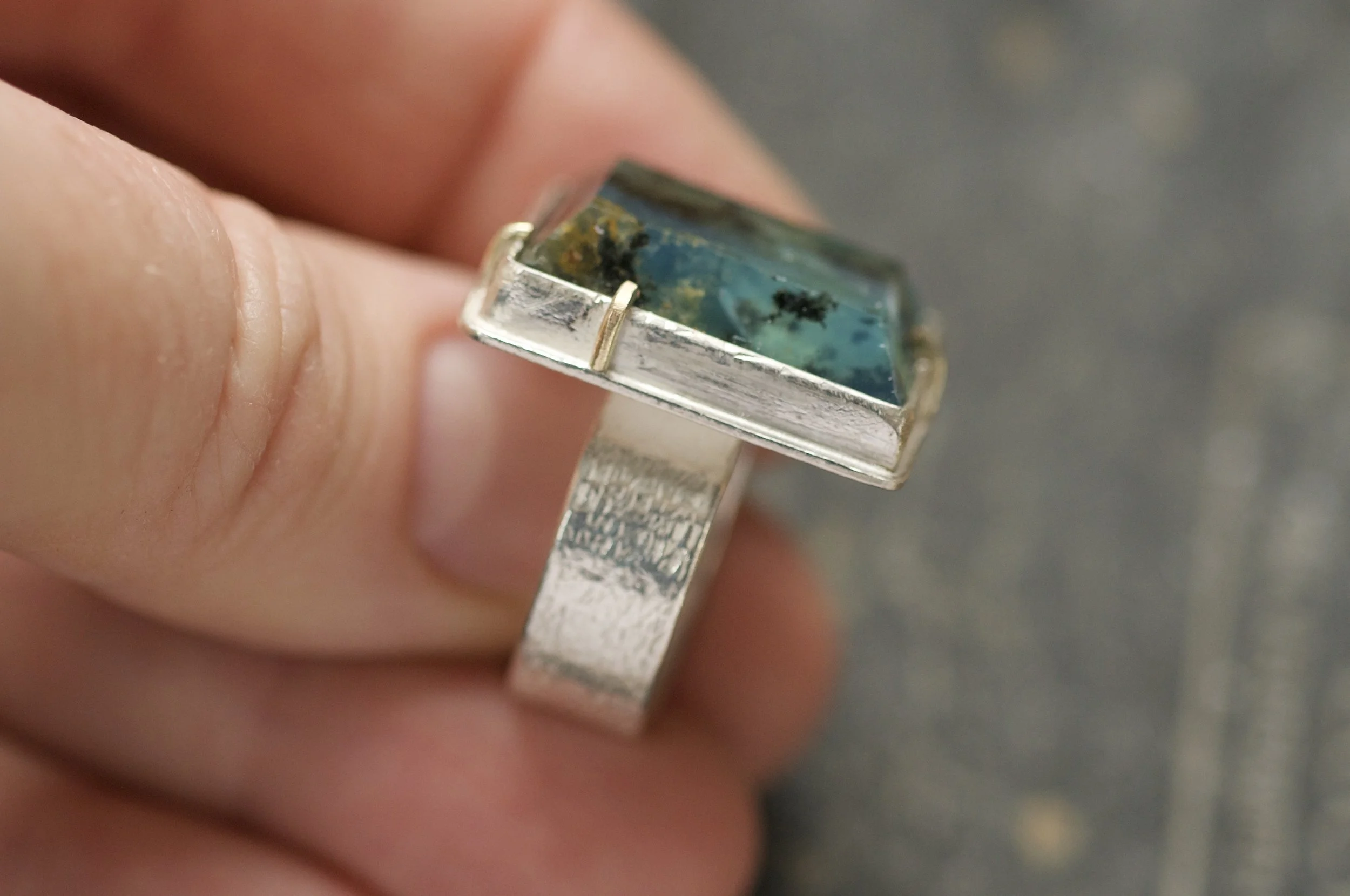 Peruvian Blue opal statement ring in gold and silver