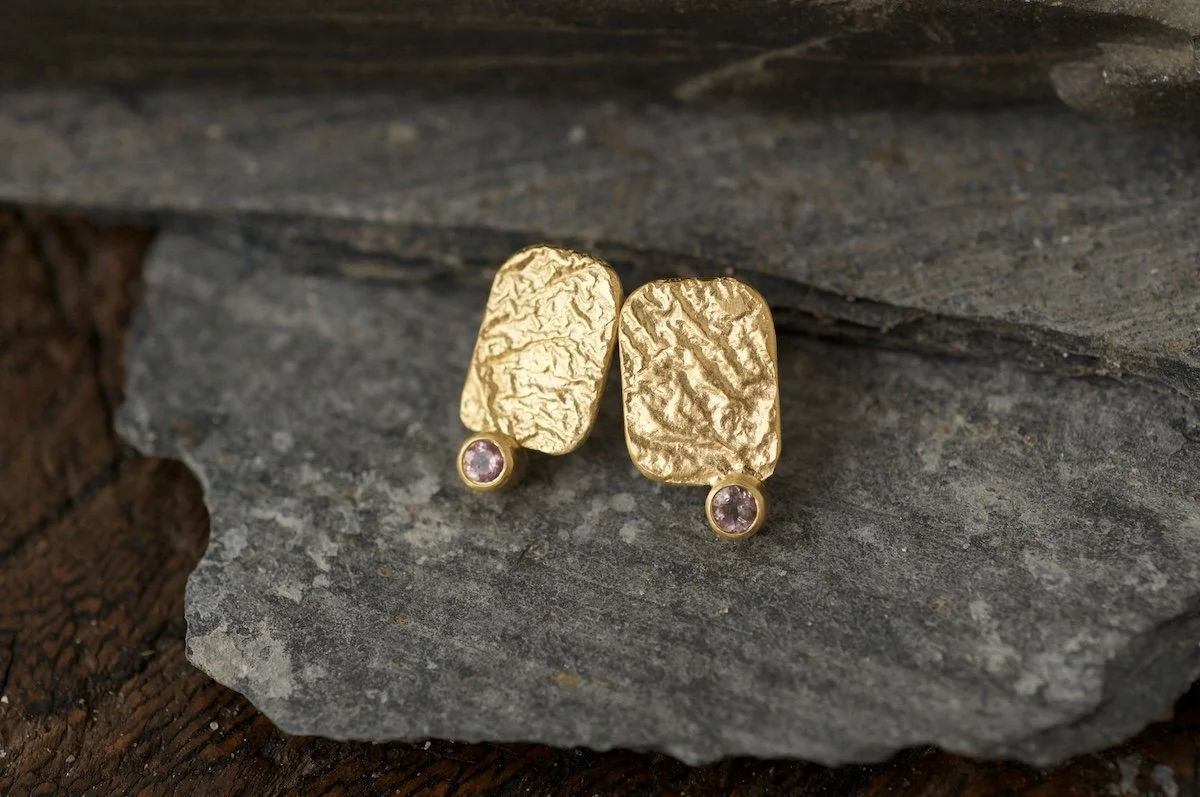 Textured gold studs with pink tourmaline