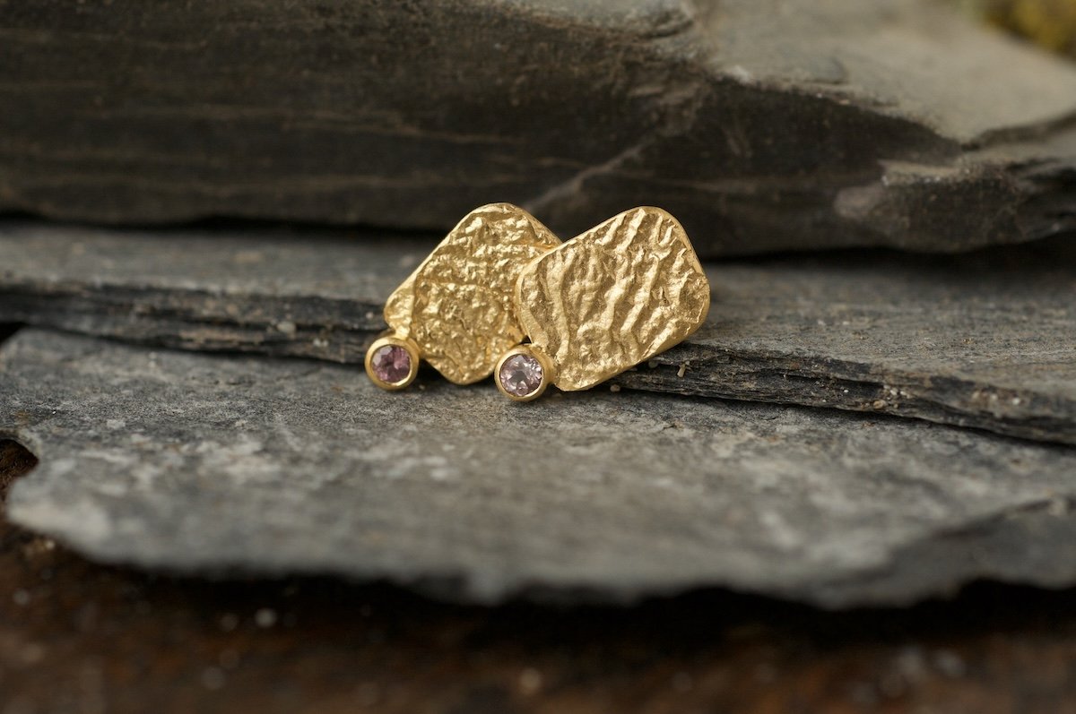 Textured gold studs with pink tourmaline 1.jpeg