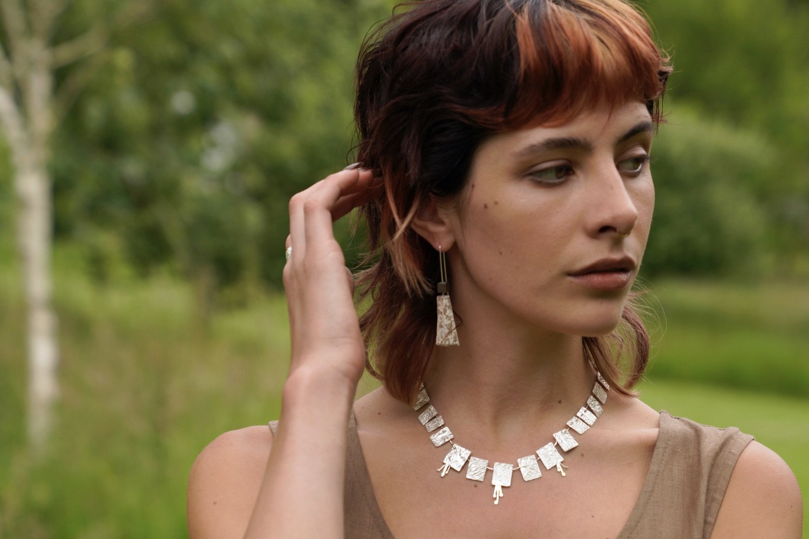 Granite earrings with hematite cubes