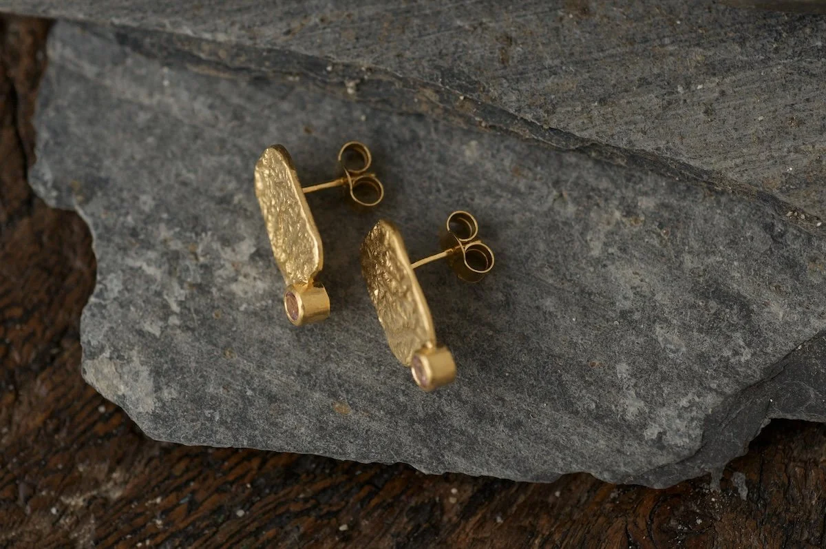 Textured gold studs with pink tourmaline 2.jpeg