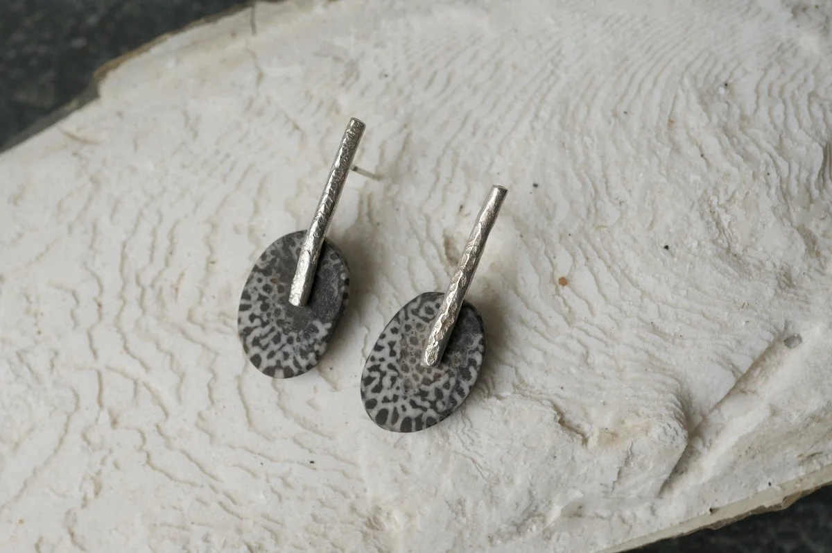 Fossilised coral slices with silver bar earrings