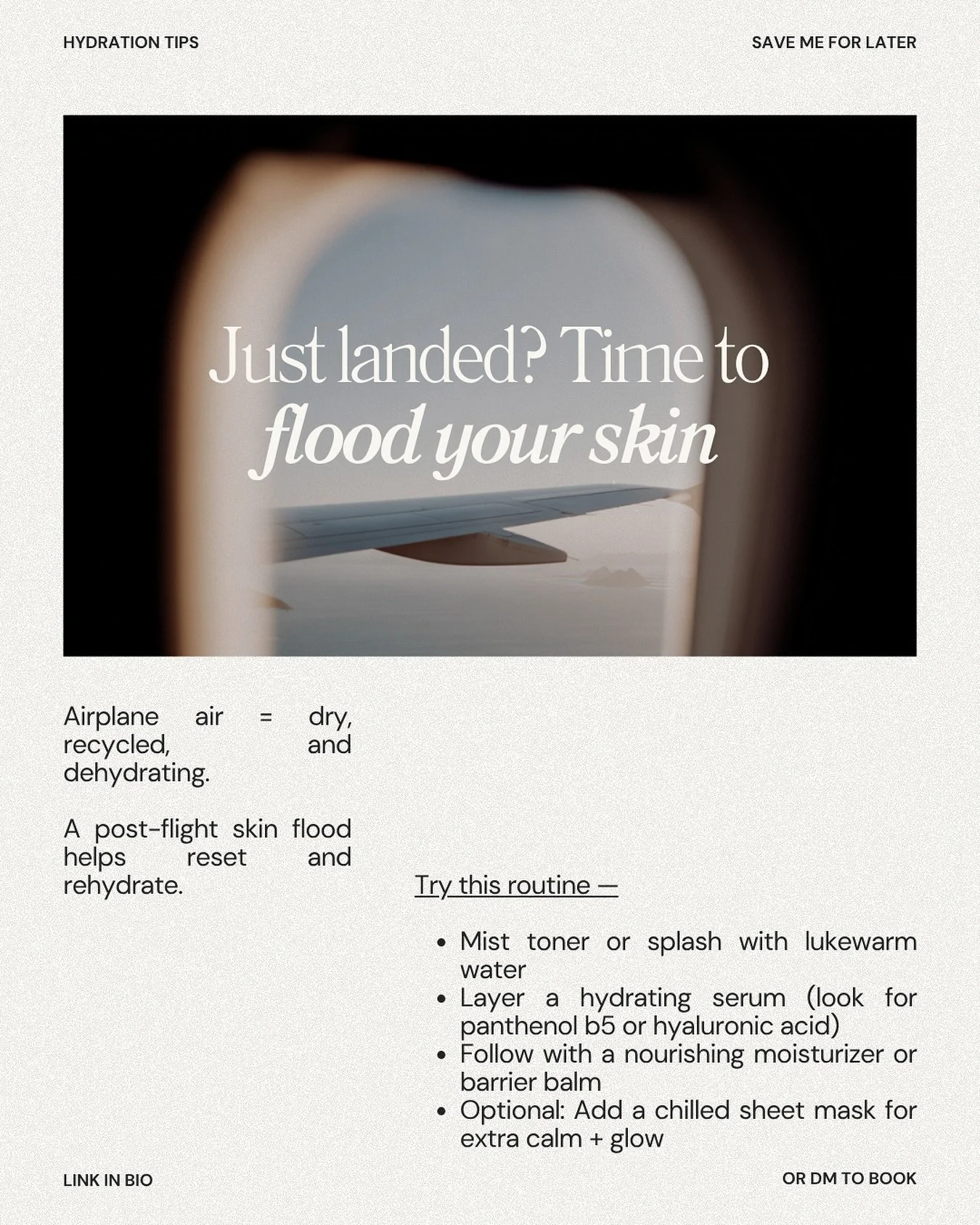 I&rsquo;m back from all my travel and thought I&rsquo;d share my simple routine for when I&rsquo;ve touched down from a flight. Hydration is key when traveling to prevent water loss that can lead to dryness, irritation, and breakouts. Let me know if 