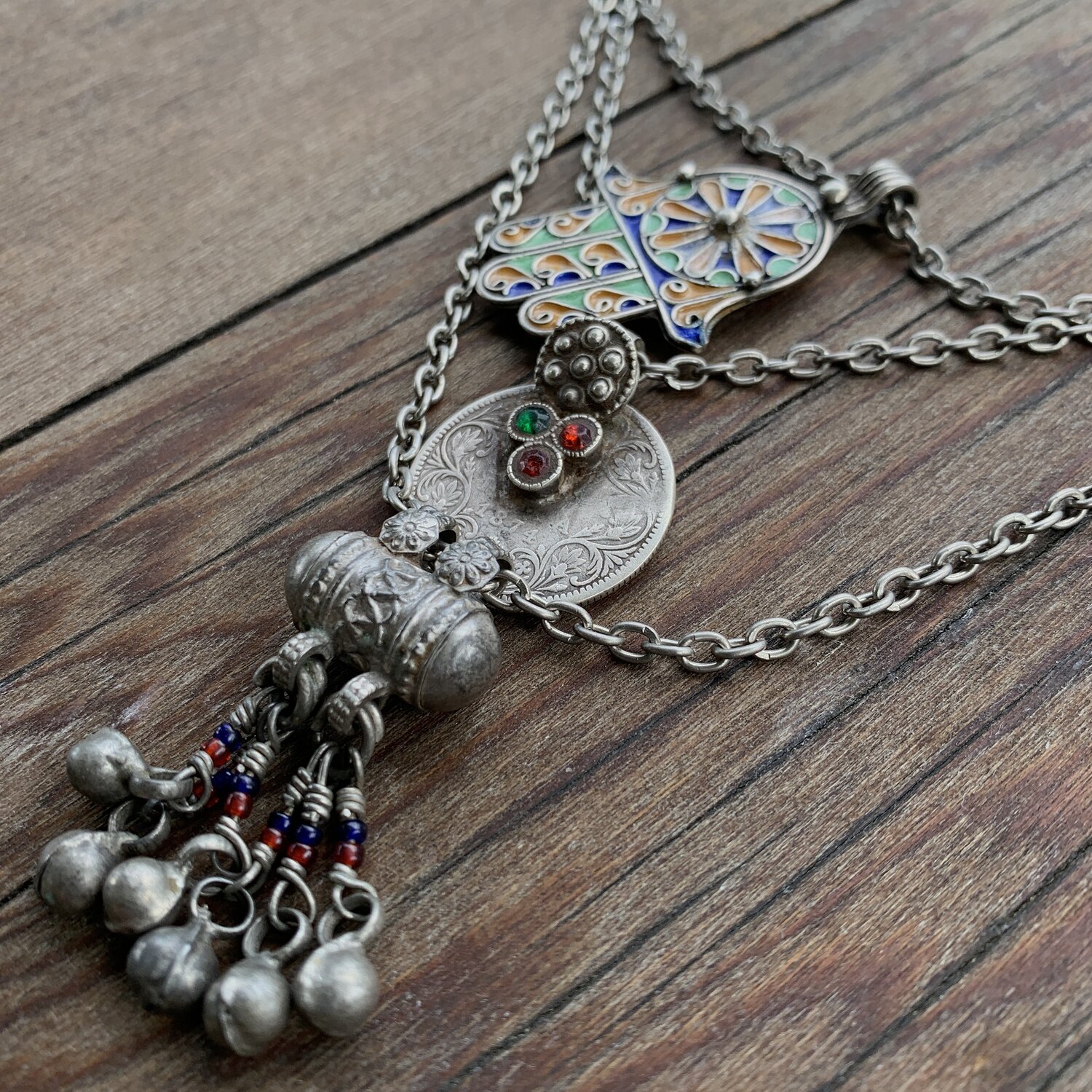 Triple Talisman Necklace - Antique enameled hamsa, antique coin