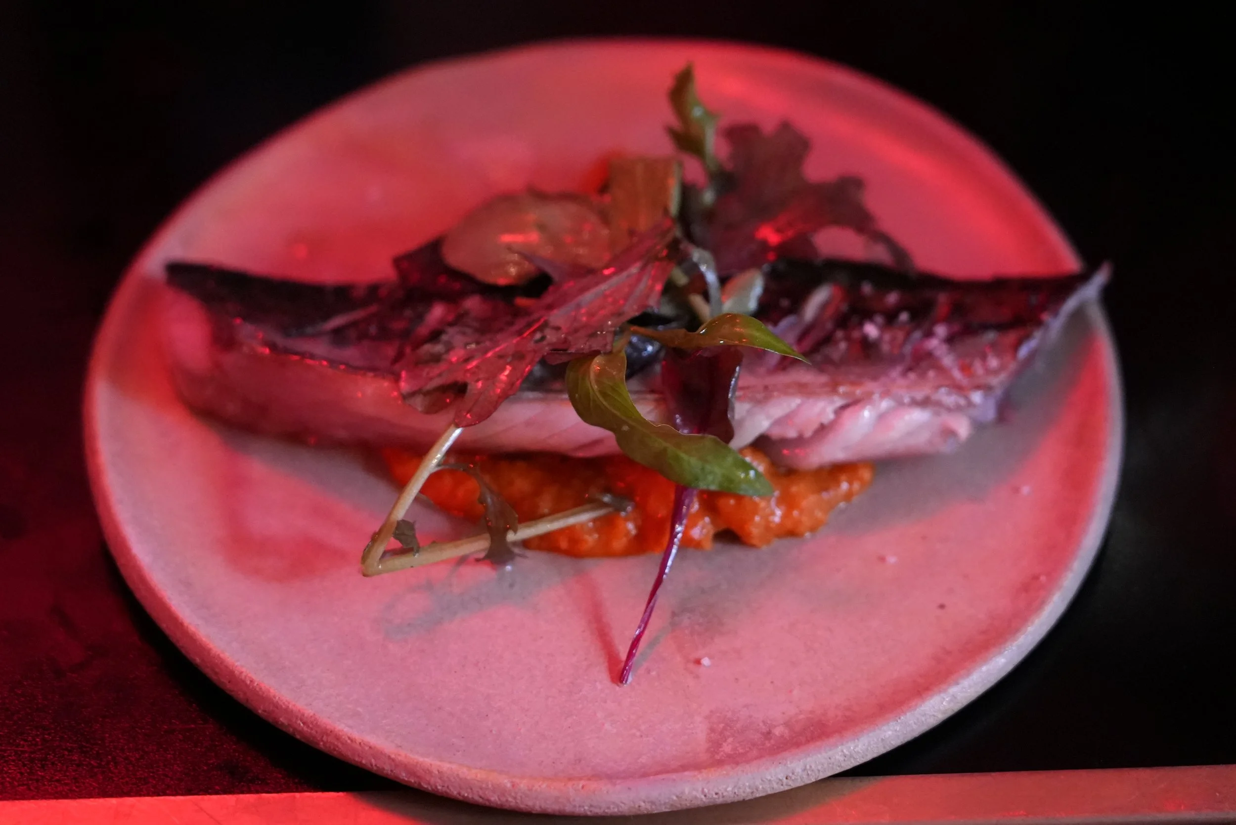A plate with raw fish fillet garnished with microgreens, served on a white dish with a dark background.