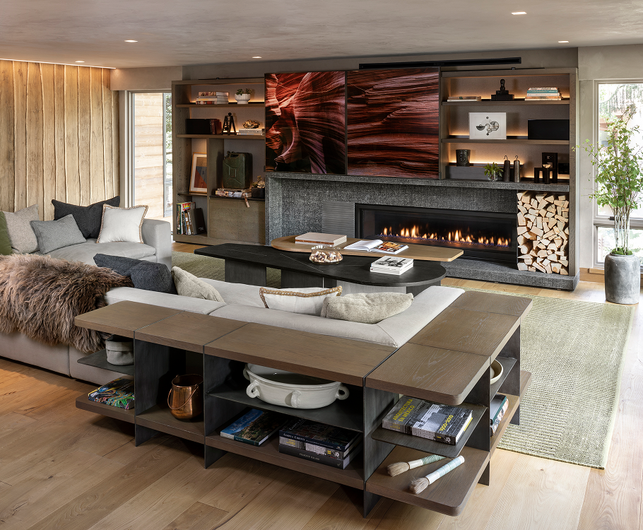 Modern living room with a fireplace, wooden wall paneling, and built-in shelves filled with books and decor. There is a gray sofa with multiple pillows, a black coffee table, and a wooden console with open shelves holding books and decorative items. Natural light enters through large windows, and a potted plant is placed near the window.
