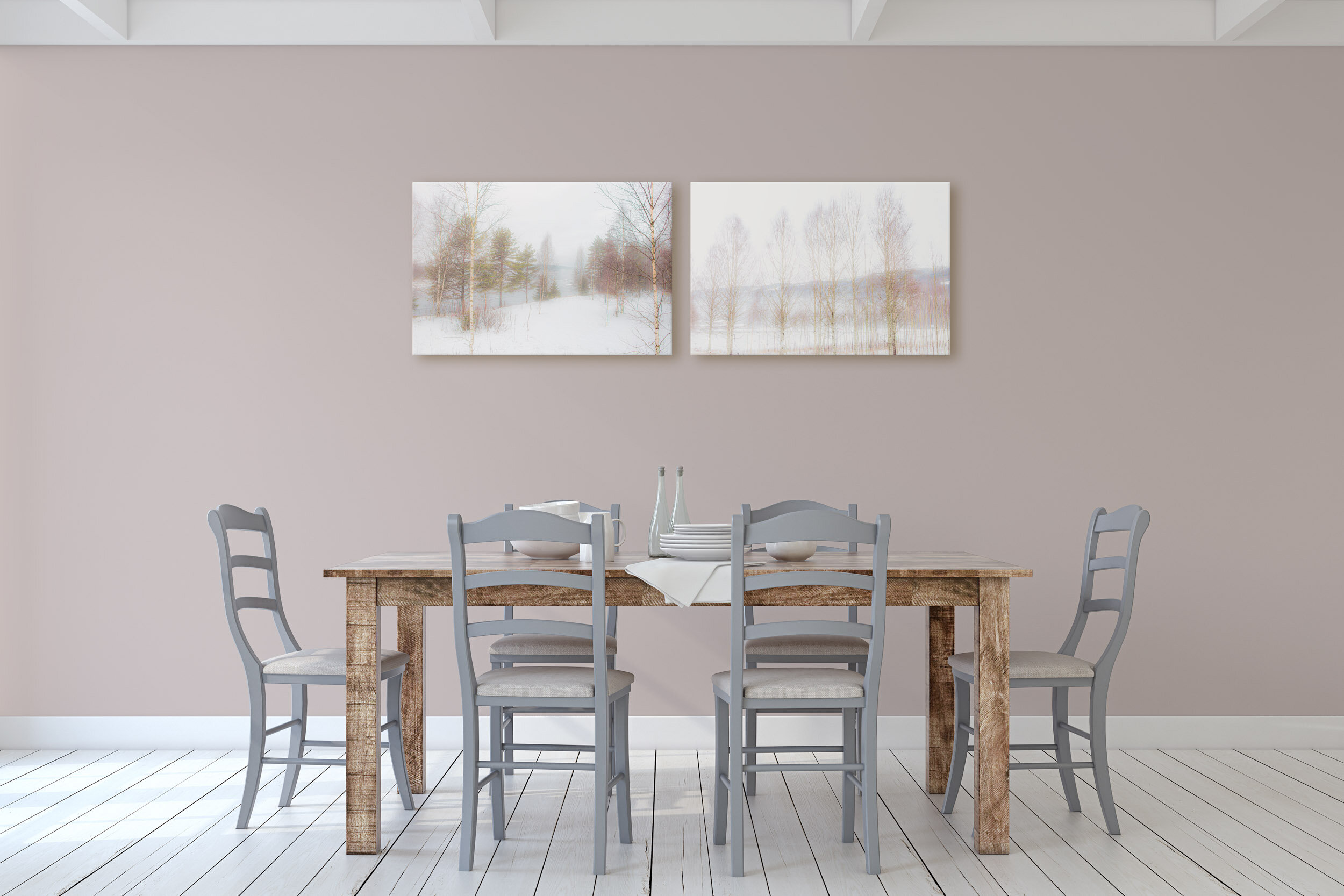 Dining room scene with Sweden prints