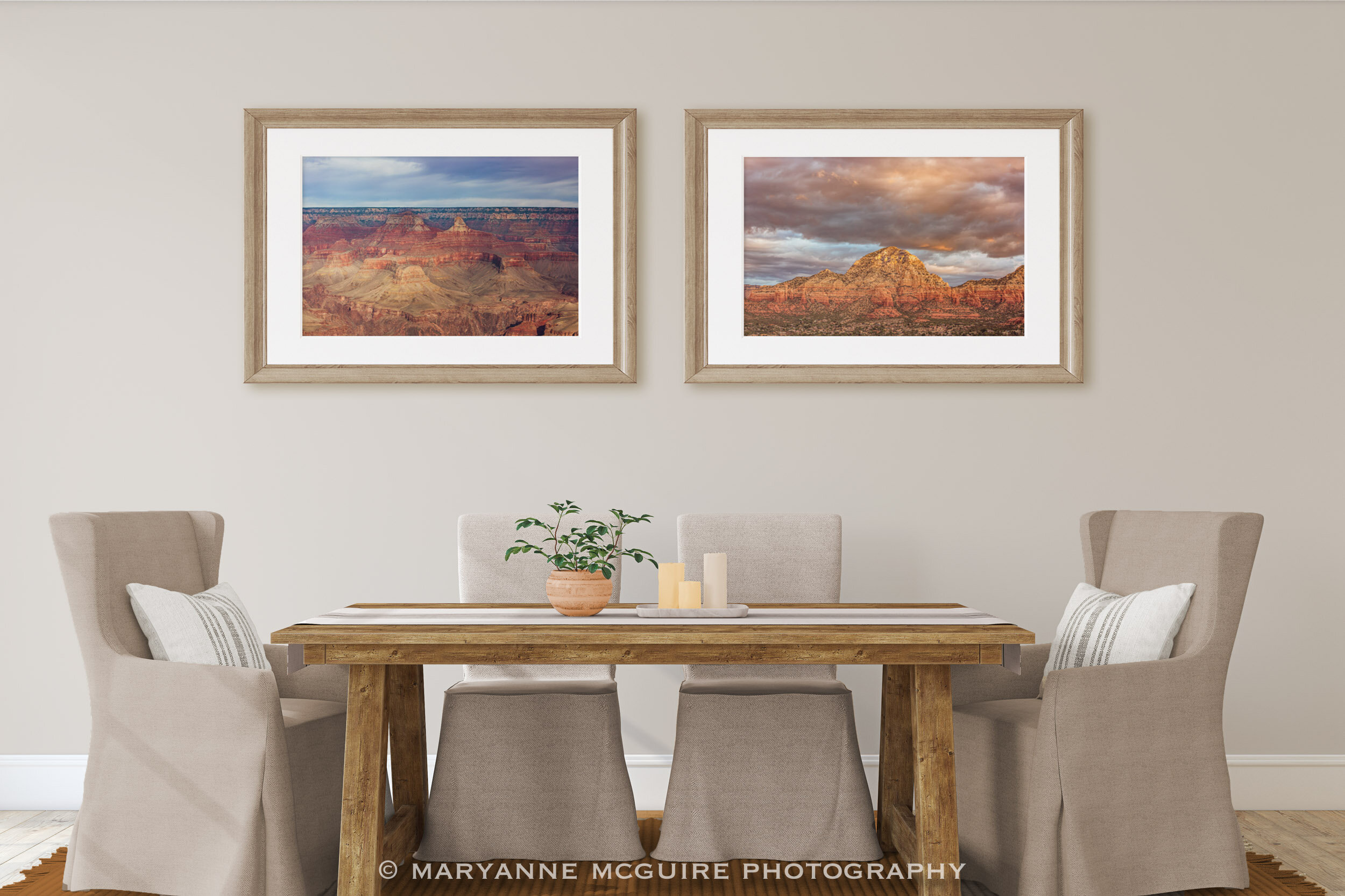 Framed southwest images hanging together above dining room table