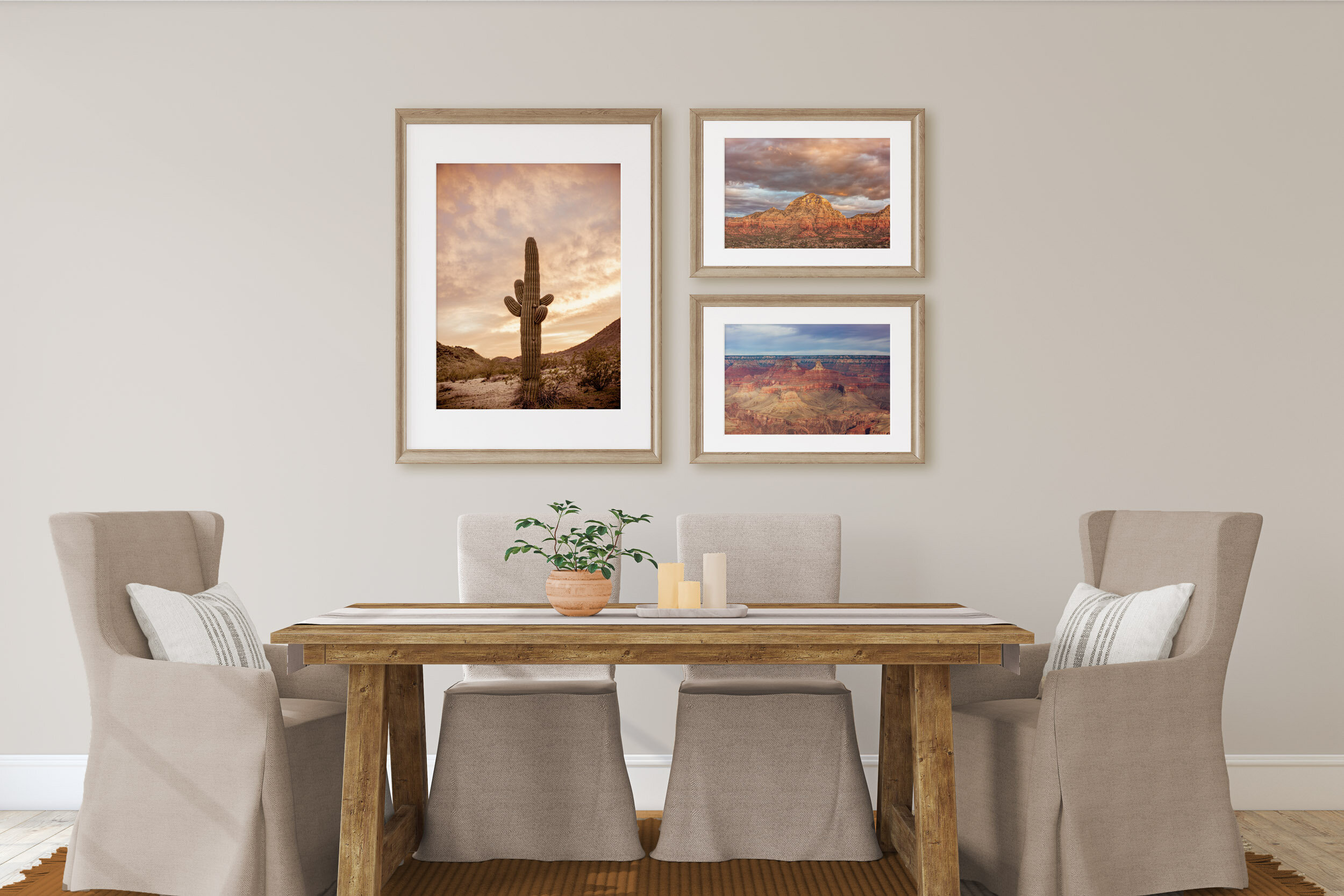 Collage of warm colored southwest images on wall in room for din