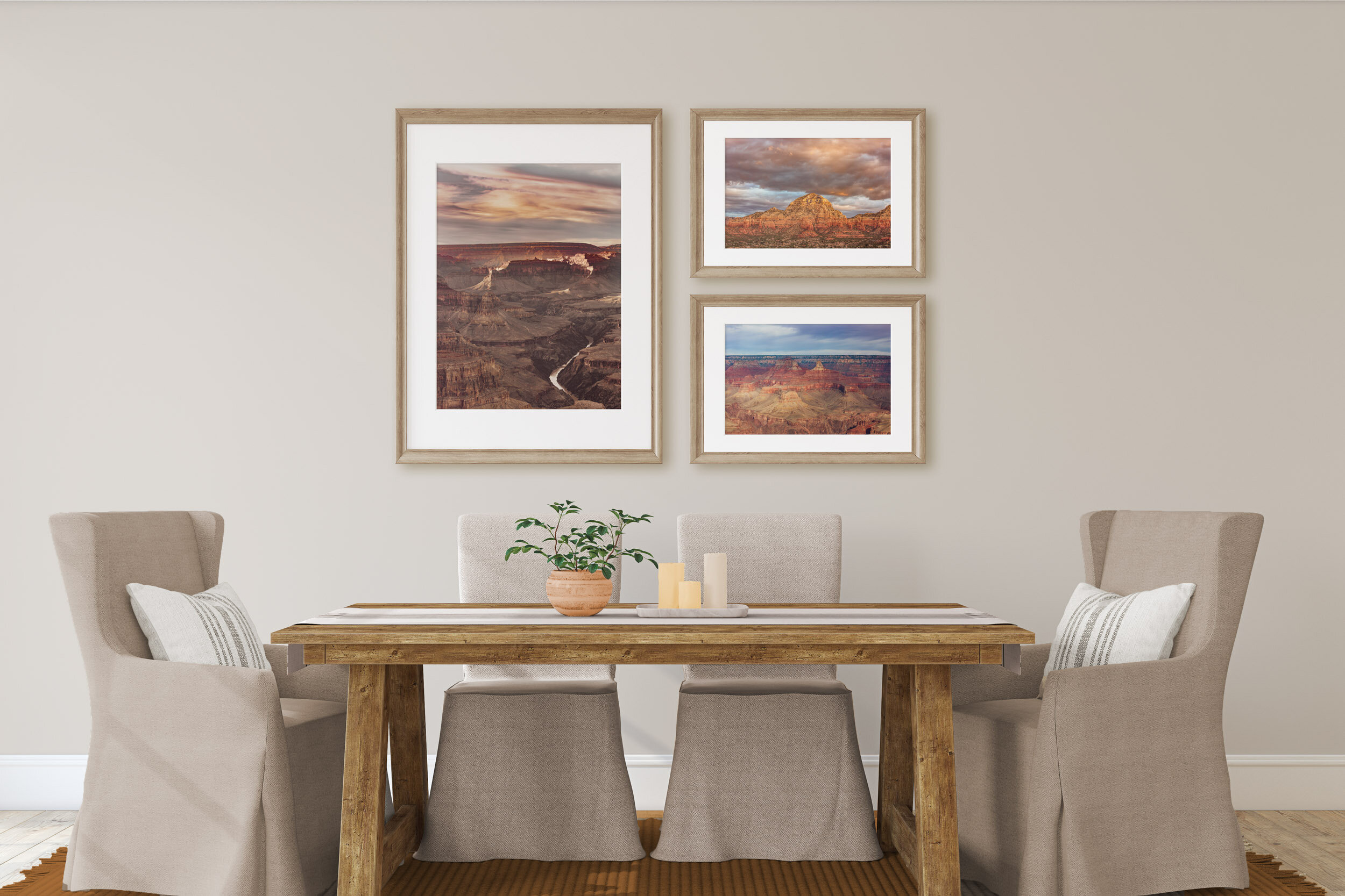 Collage of pictures in a kitchen above dining table