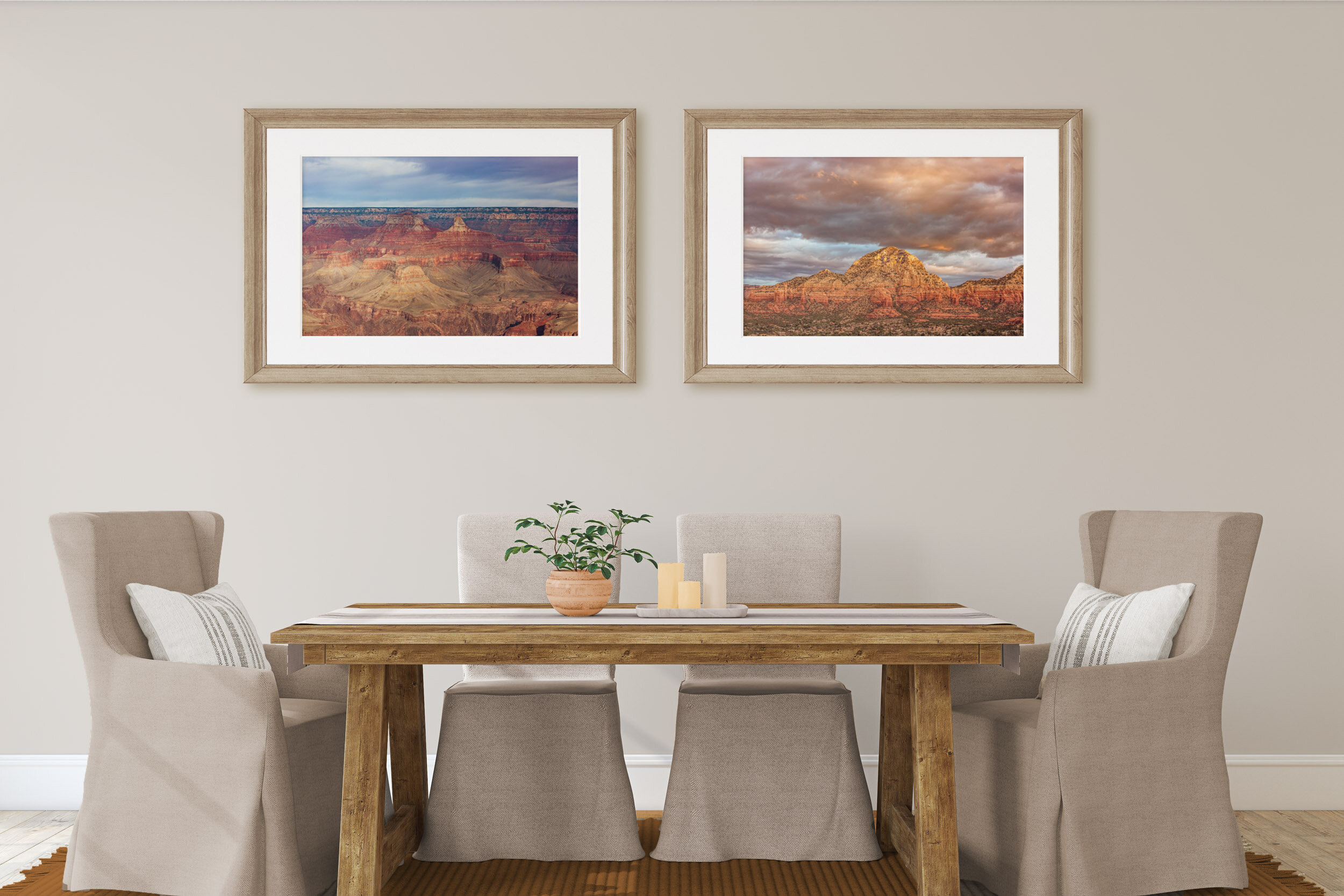 Framed southwest images hanging together above dining room table
