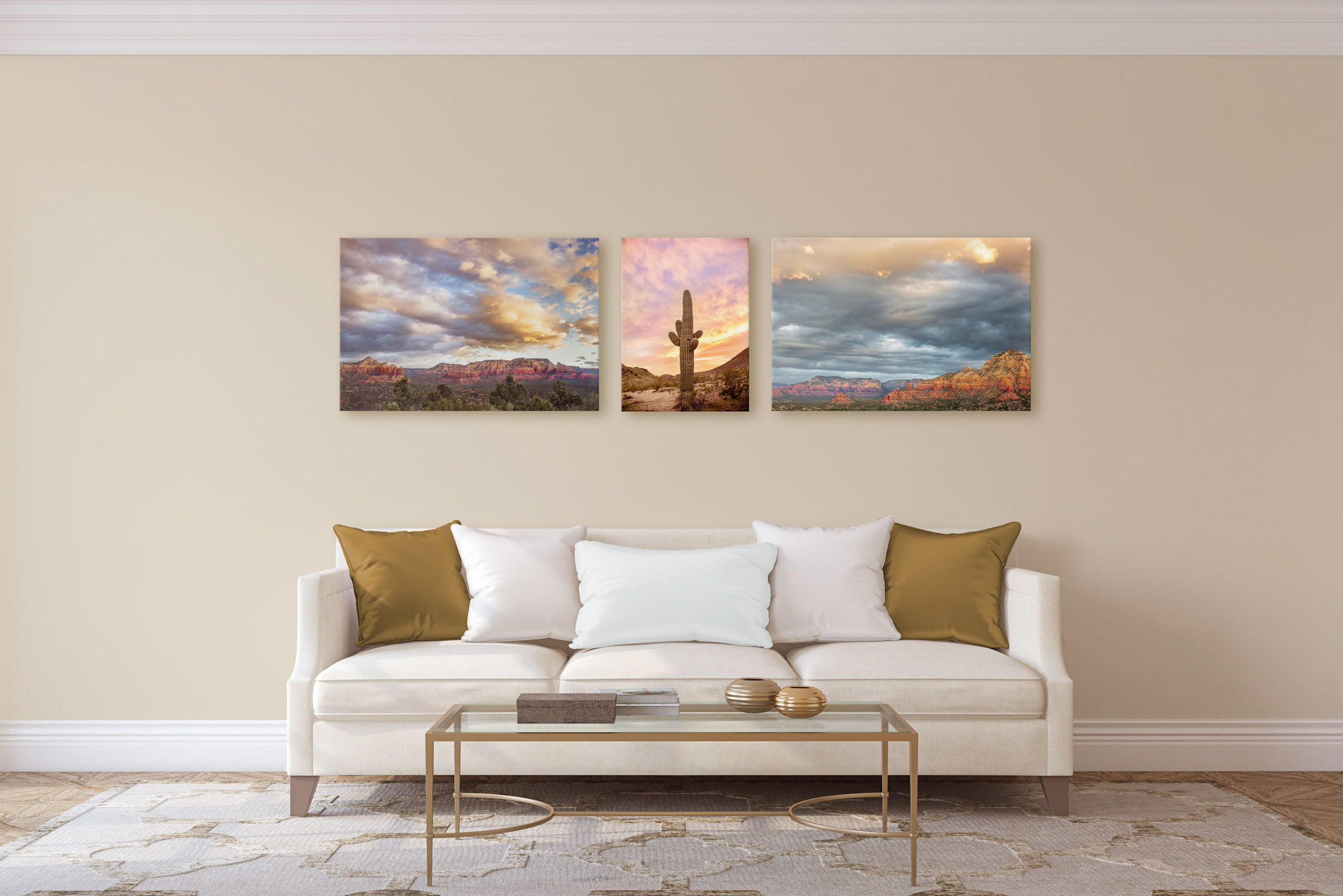 Three images on wall for display